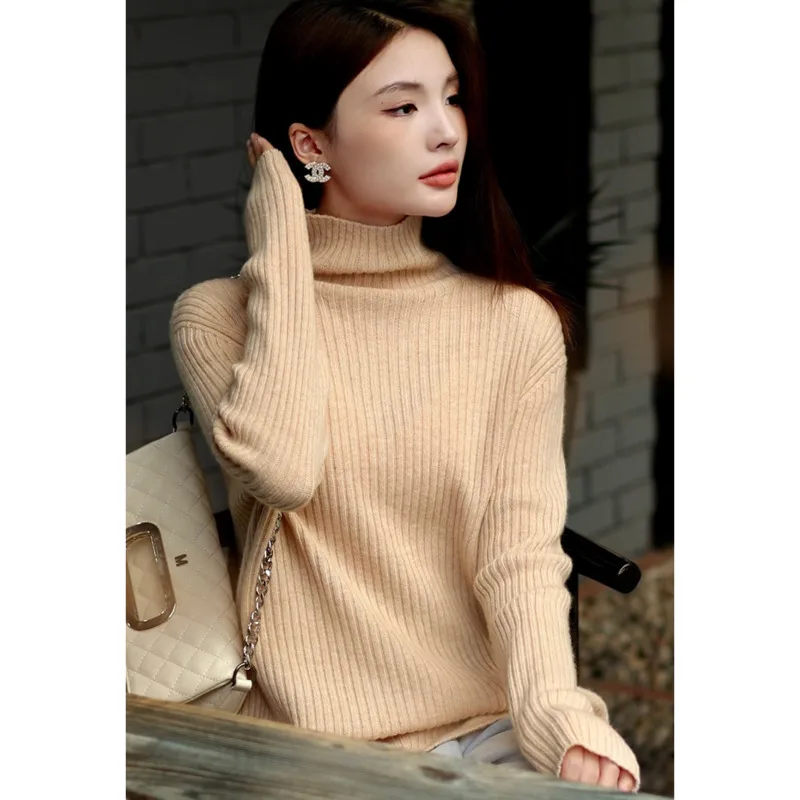 

Winter 100% Pure Wool Ribbed Sweater Women Turtleneck Warm Loose Bottoming Knitted Tops