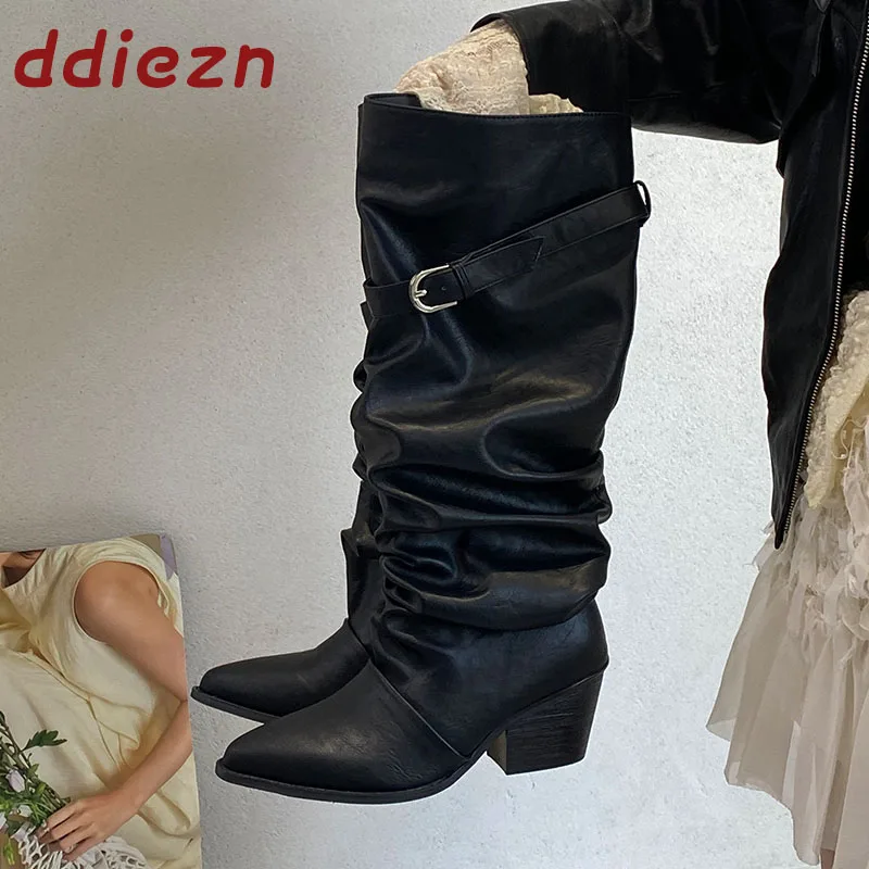 Fashion Pleated Pointed Toe Ladies Long Booties Designer Female Buckle Heels Shoes New In Autumn Winter Women Knee High Boots