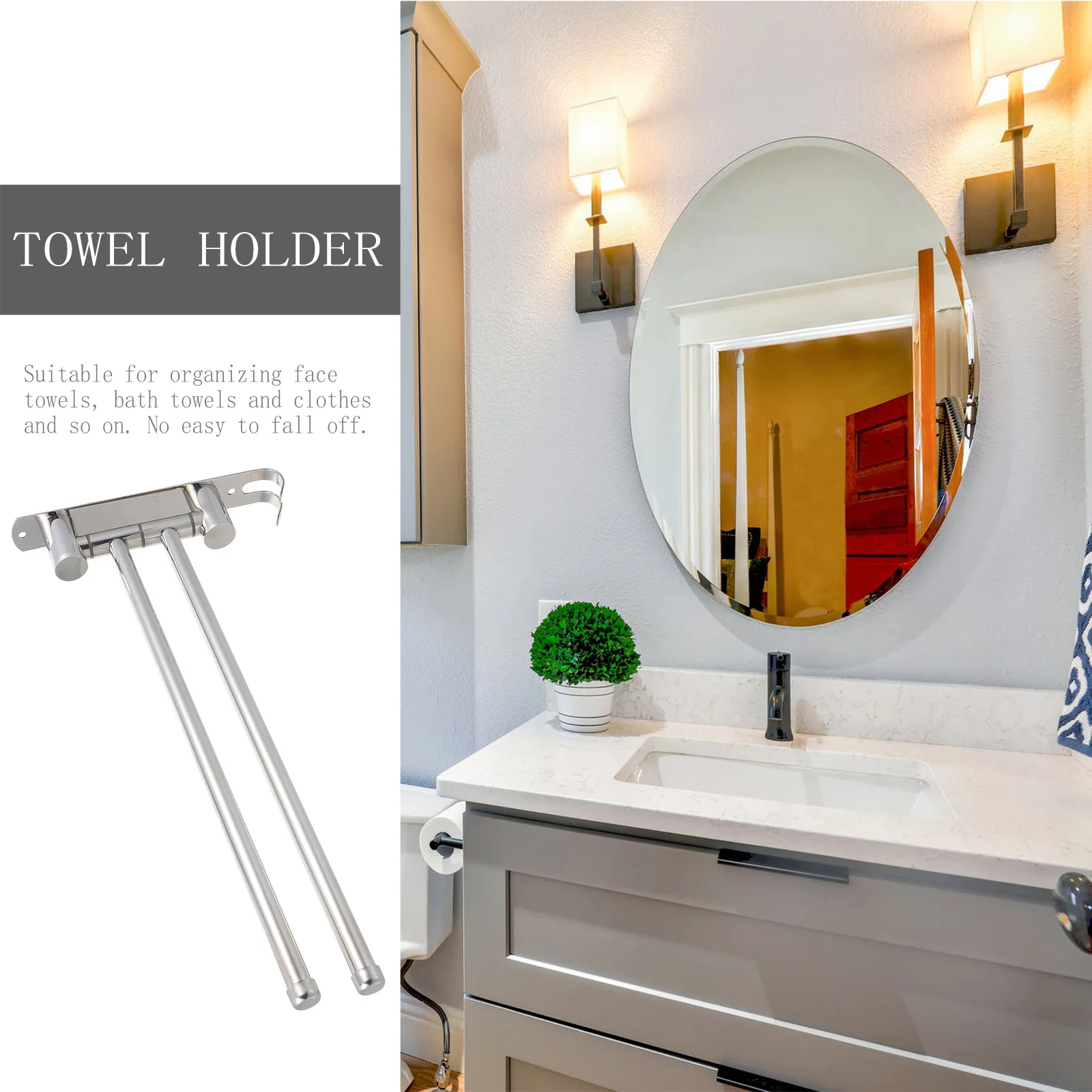 رف المناشف من الفولاذ المقاوم للصدأ بخطاف مزدوج حامل دوار غير ثقب للمنزل والفندق والحمام وحل توفير المساحة #5