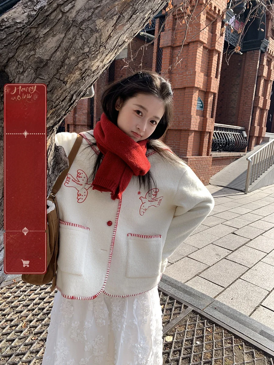 

Sinbounboun Forest System Girl Color Colion Bright Line Cartoon Print Large Collar Single Button Open Cardigan Jaet