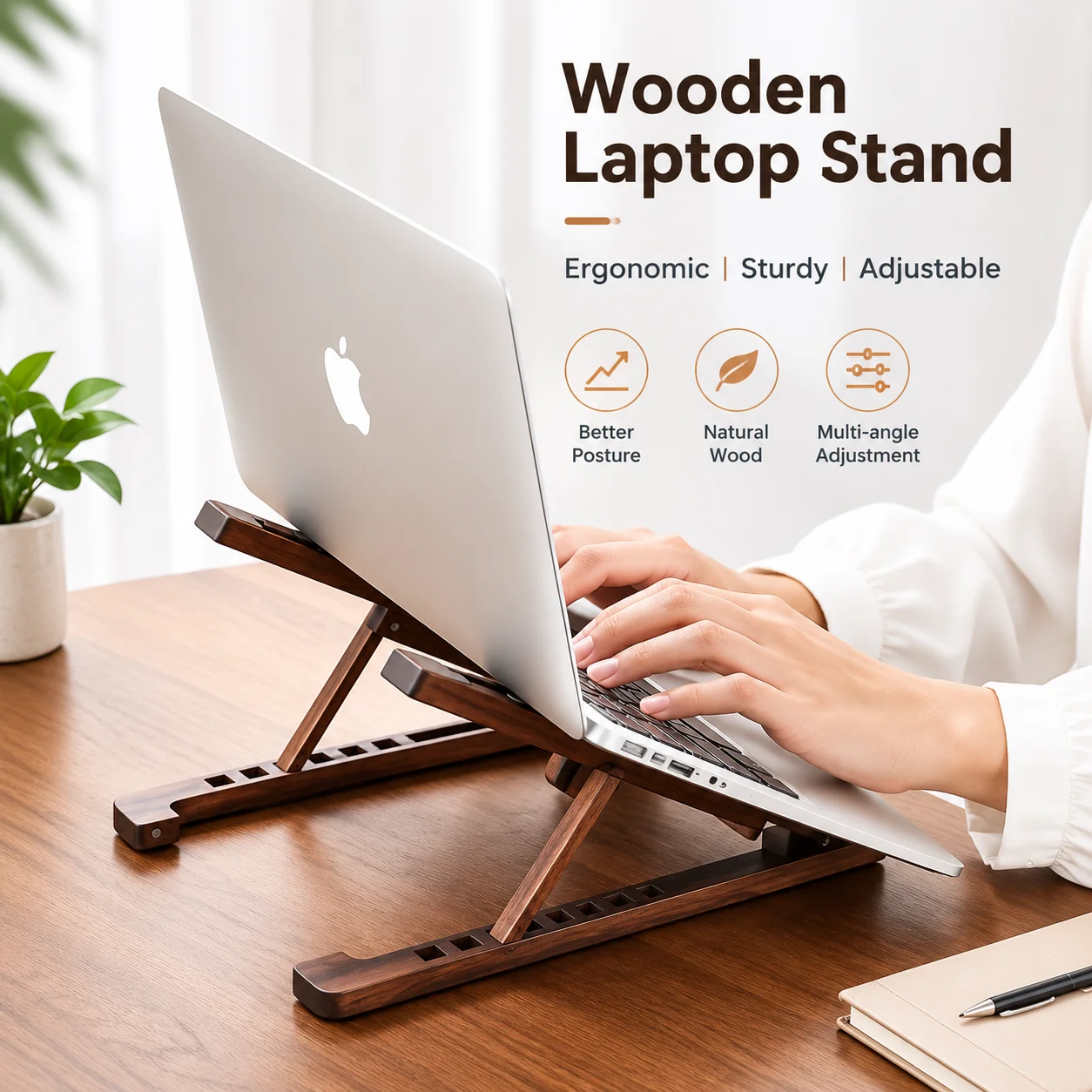 Foldable Wooden Laptop Stand with 8-Height Adjustment for MacBook Air/Pro, 11–17 Inch Portable Computer Holder