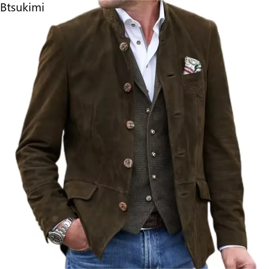 2026 Spring New Casual Mens Jacket Coat Vintage Turn-down Collar Single-breasted Suit Jackets Men Stylish Solid Color Outerwear