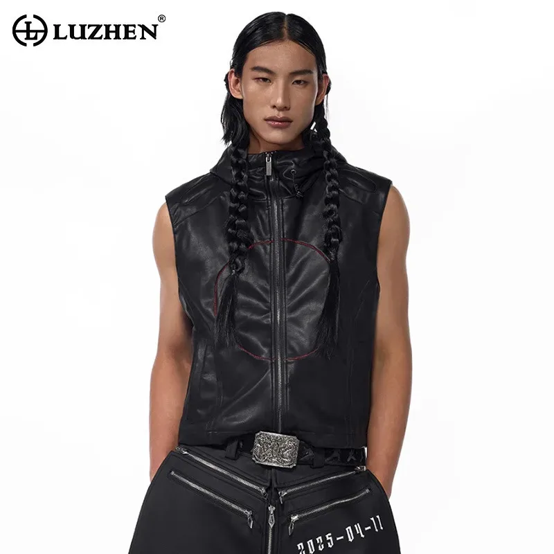 LUZHEN 2025 New Streetwear Leather PU Hooded Sleeveless Vest Jacket Men's Fashion Five-pointed Star Original Waistcoat JY2930