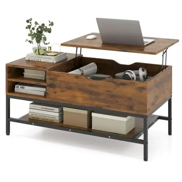 Table basse relevable 1 pièce, grain de bois marron avec compartiment de rangement dissimulé, structure robuste pour salon et bureau à domicile, 100x50x45 cm