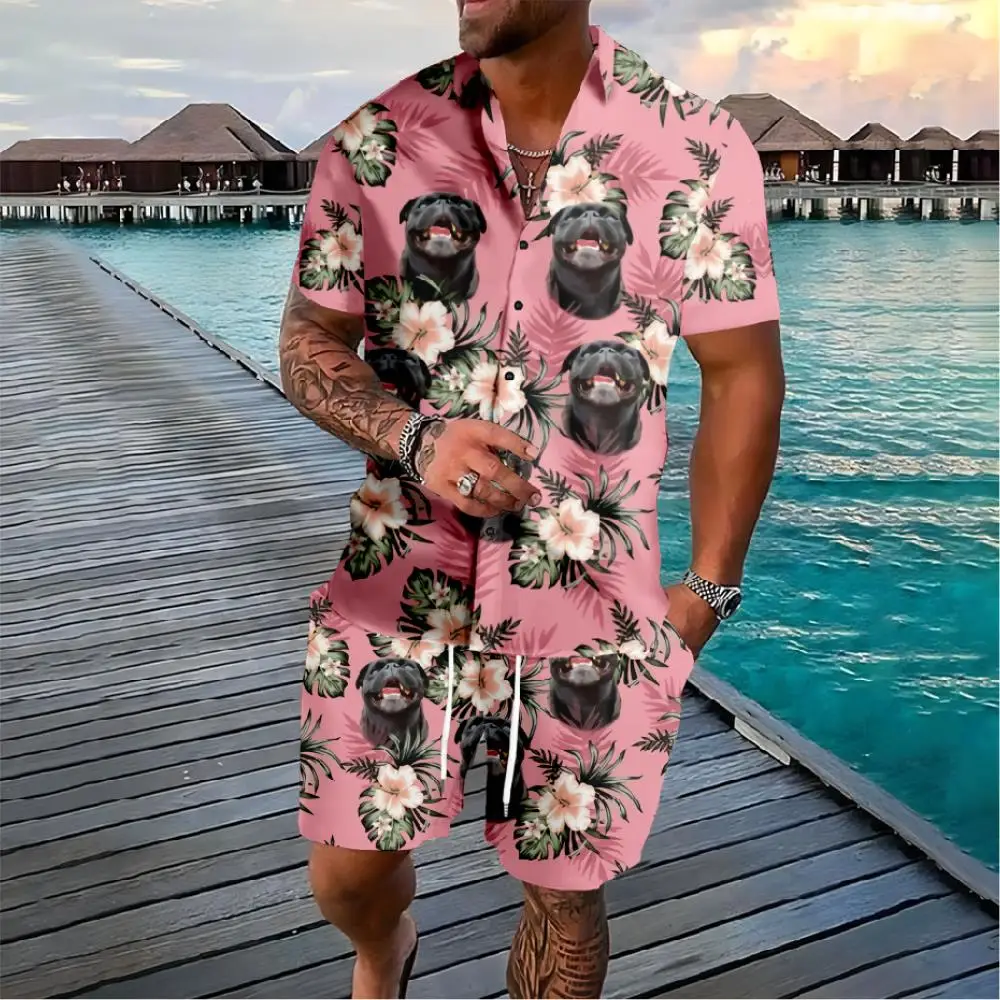 Set hawaiani Palm Tree Cute Dog Cats Button Shirts Shorts Summer Florals Colors Beach Hipster Streetwear tuta apparel uomo