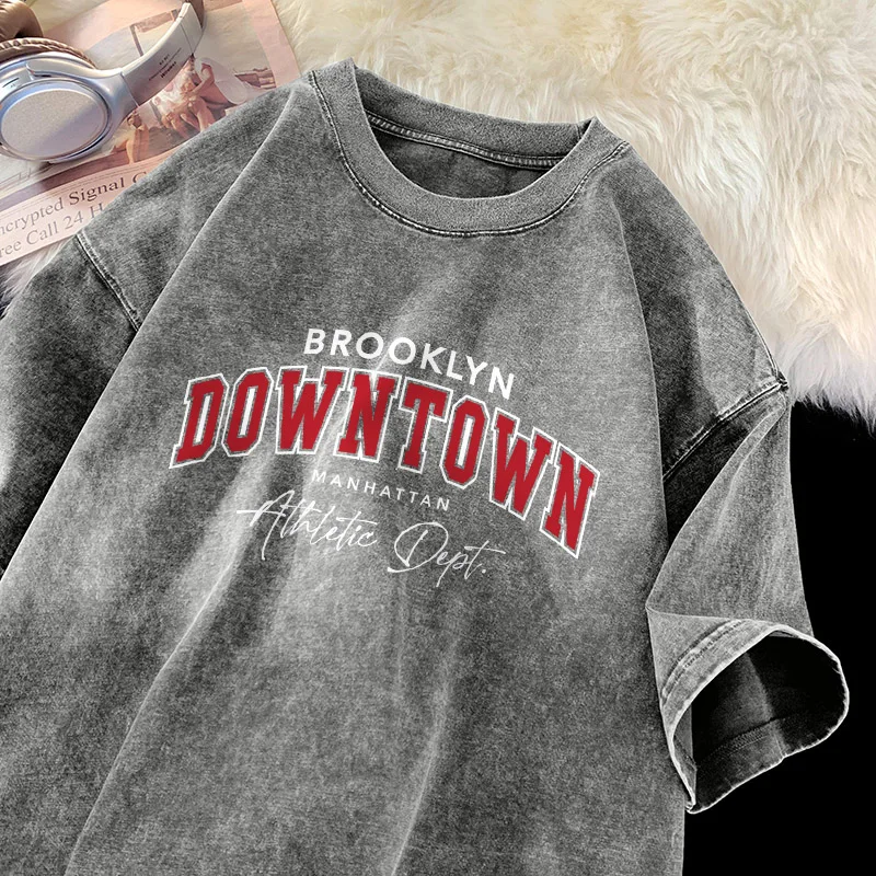 Brooklyn Downtown Letter T-shirt Men Manhattan Street Shirt Cotton Vintage Washed Tee Unisex Breathable Fabric T-shirts Men Tiki