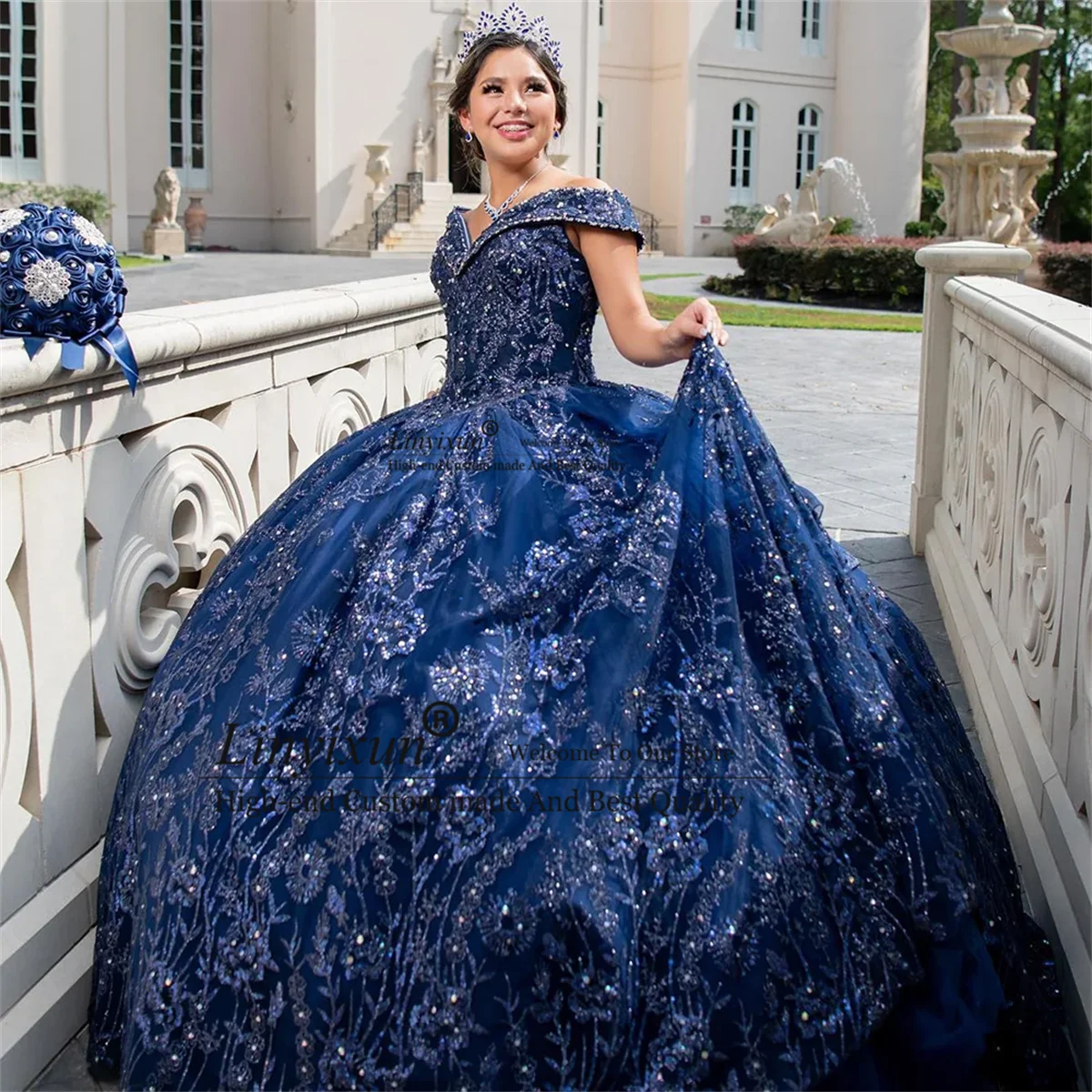 

Mexico Dark Blue Quinceanera Dresses Glitter Crystal Sequined Ball Gown Off The Shoulder Beading Corset Vestidos De 15 16 Años