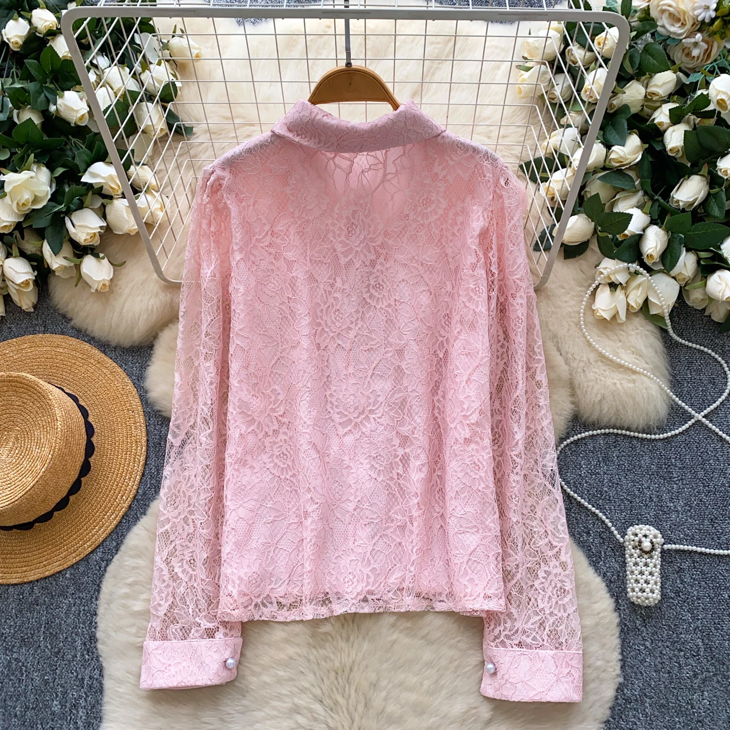 Vintage elegante plissado miçangas blusa de manga longa moda camisa chique topo fada outono roupas femininas