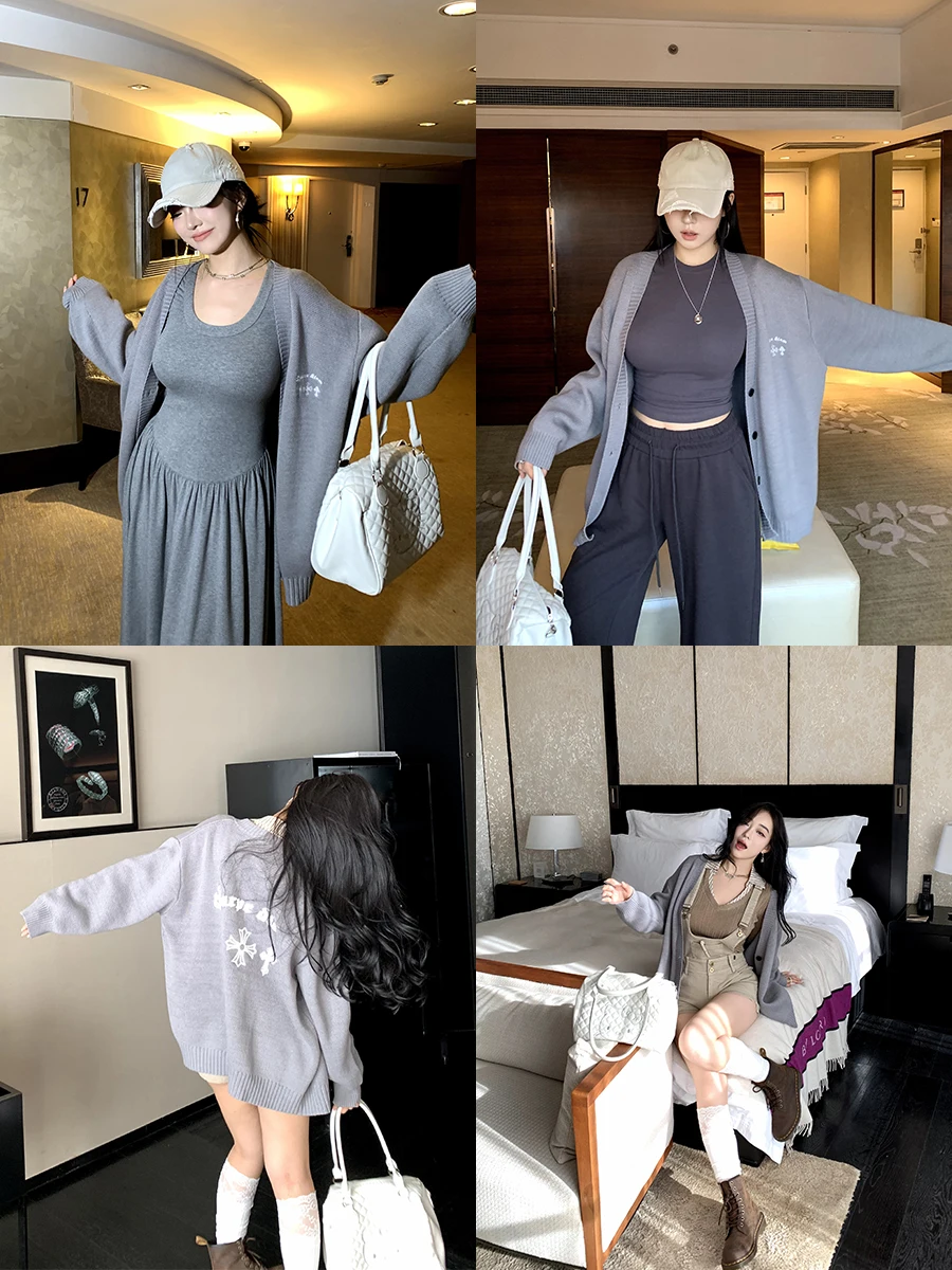 

High Quali Knitted V-Ne Sweater Coat Lazy Plump Sle Long Sve Cotton Acrylic Fiber Autumn Wear Single Button Closure