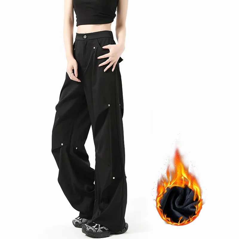 Fleece Riveted Cargo Pants for Women Fall and Winter 2025 New Thickened Casual Sweatpants High-waisted Loose Wide-leg Pants