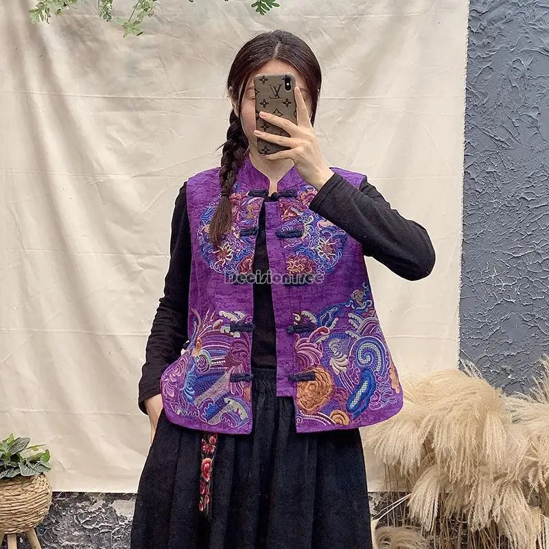 

Chinese national embroidery vest women elegant cotton linen vests sleeveless coat women short qipao style vest china tops