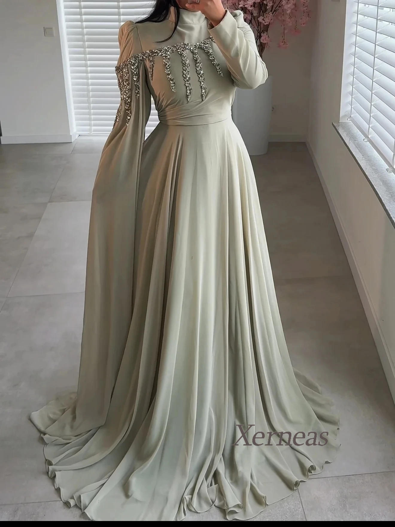 Maßgeschneiderte Kristall-Abendkleider für Damen, Chiffon, luxuriöses Partykleid, volle Ärmel, bodenlang, formelles Abendkleid 2026