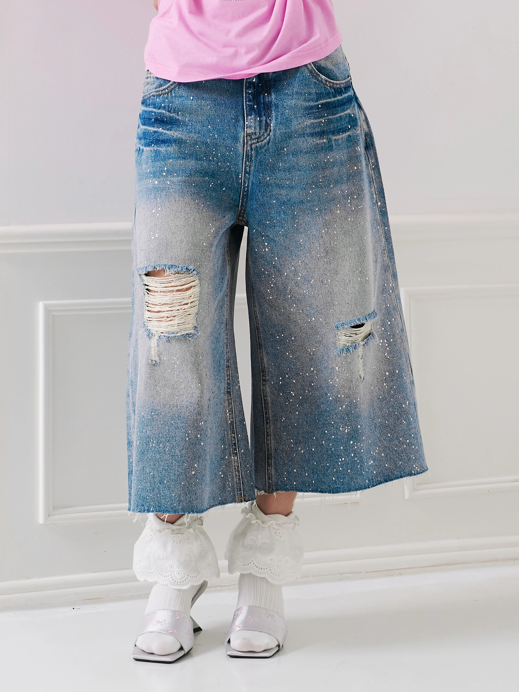 

Джинсы Bel Canto Casual с высокой талией и широкими штанинами, женские, свободного кроя, летние, прямые, укороченные, с перфорацией