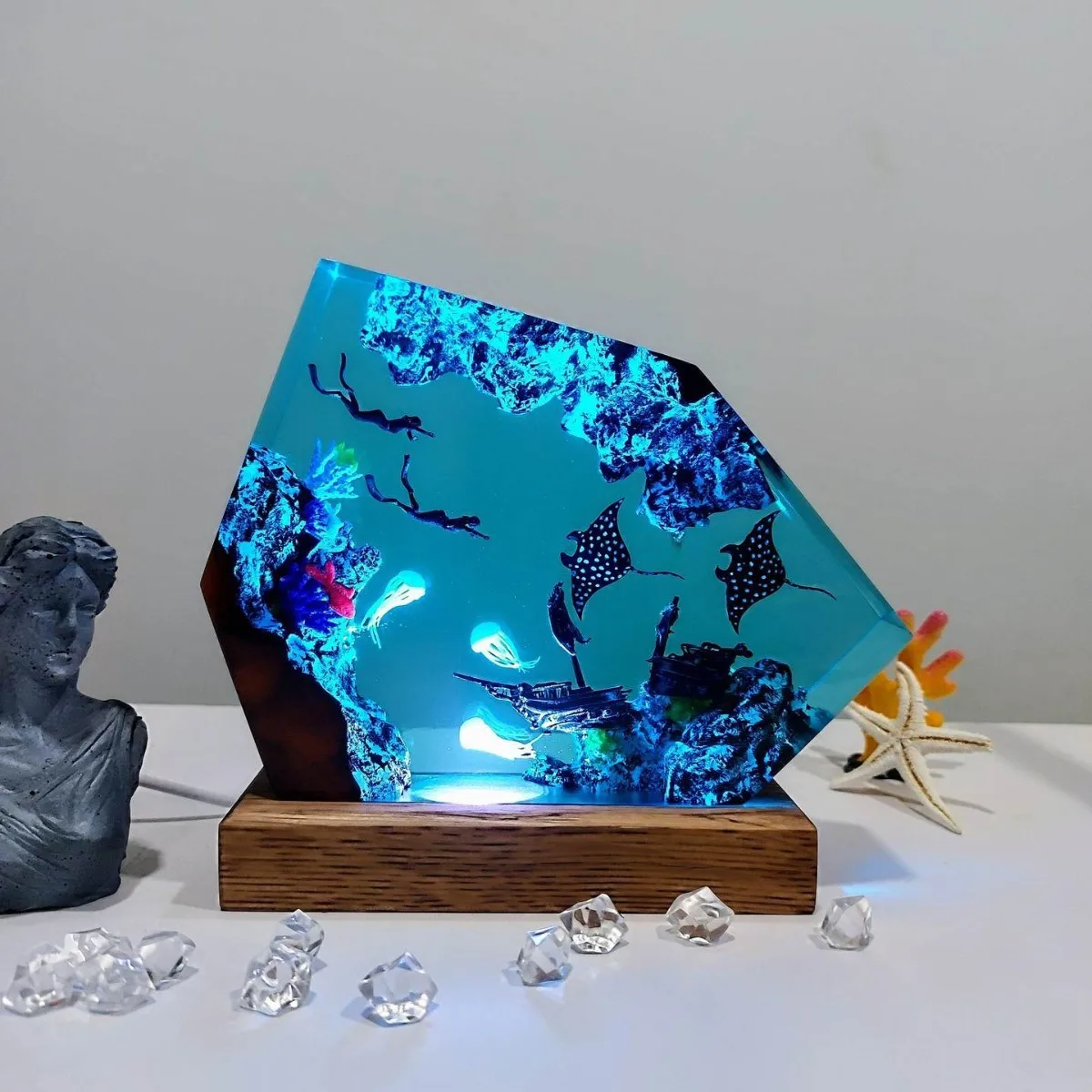 NEW Double Headed Shark and Diver Coral Reef Ocean Epoxy Resin Wooden Lamp Atmosphere Decoration Ornament Gift