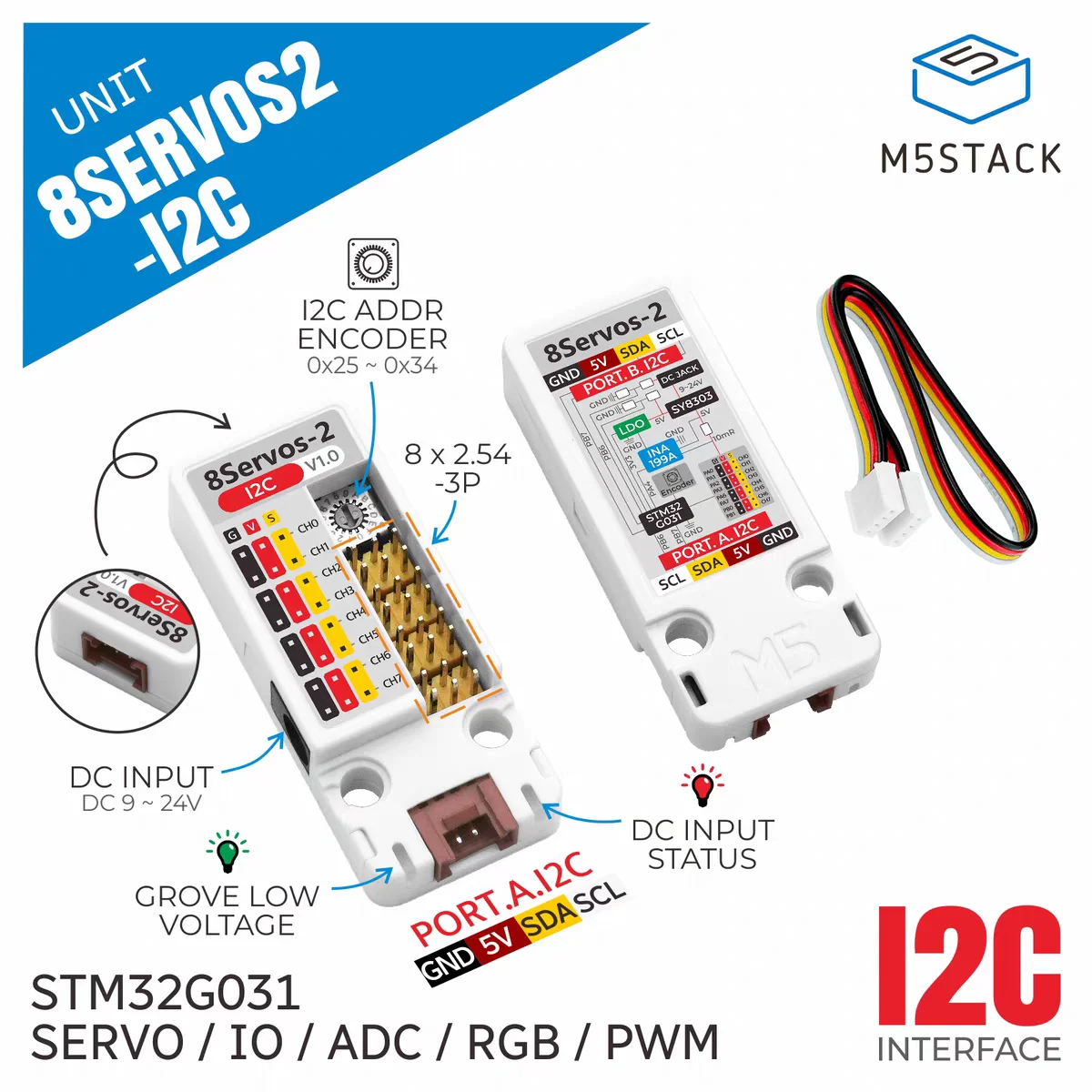 Official M5Stack Unit 8Servos2-I2C 8-channel servo cascade control unit with built-in STM32