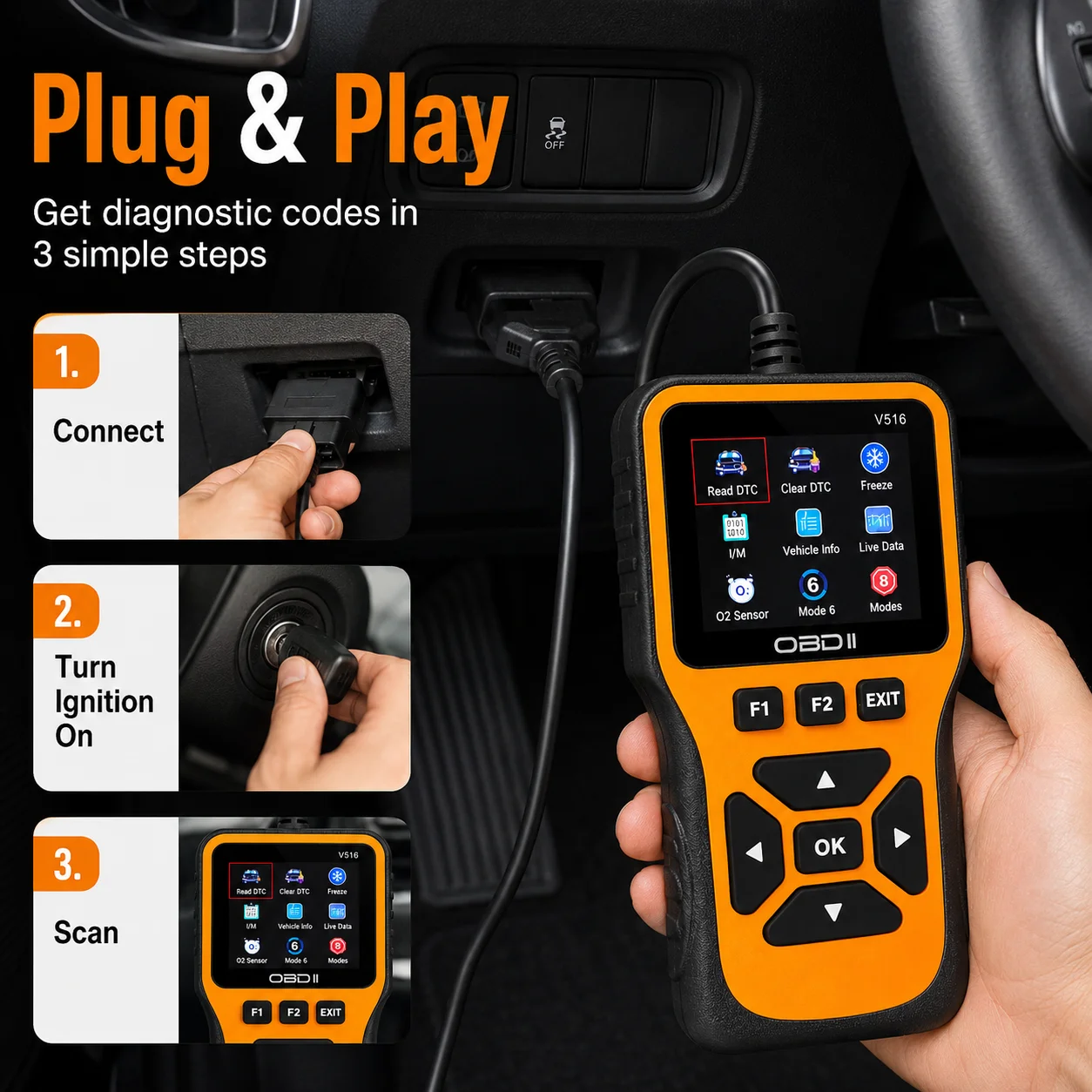 V516 OBD2 Diagnostic Scanner with Silicone Buttons Car Code Reader Live Data O2 Sensor Test Engine Fault Check Tool
