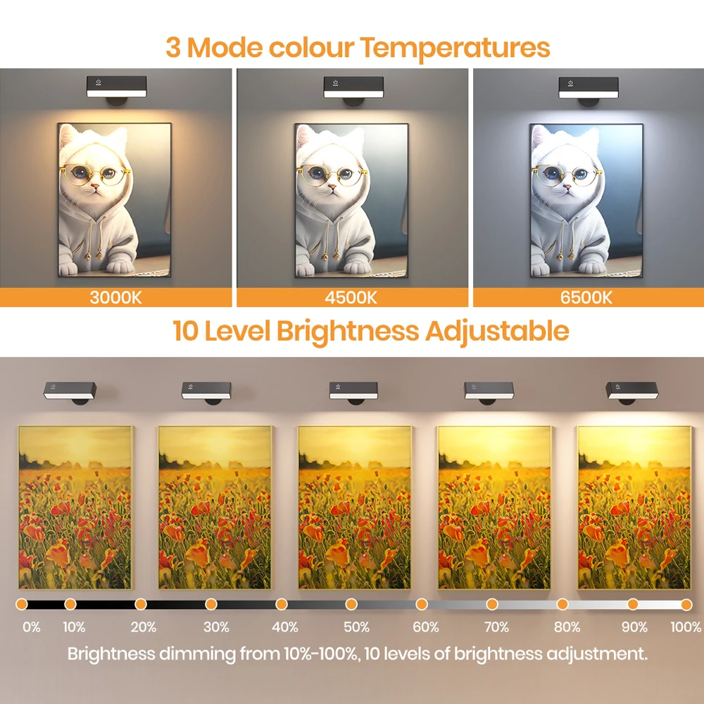 شمعدانات جدارية قابلة لإعادة الشحن مع جهاز تحكم عن بعد 3 درجات حرارة ألوان قابلة للتدوير، مصباح جداري LED بجانب السرير، مصباح مرآة للقراءة المحمول