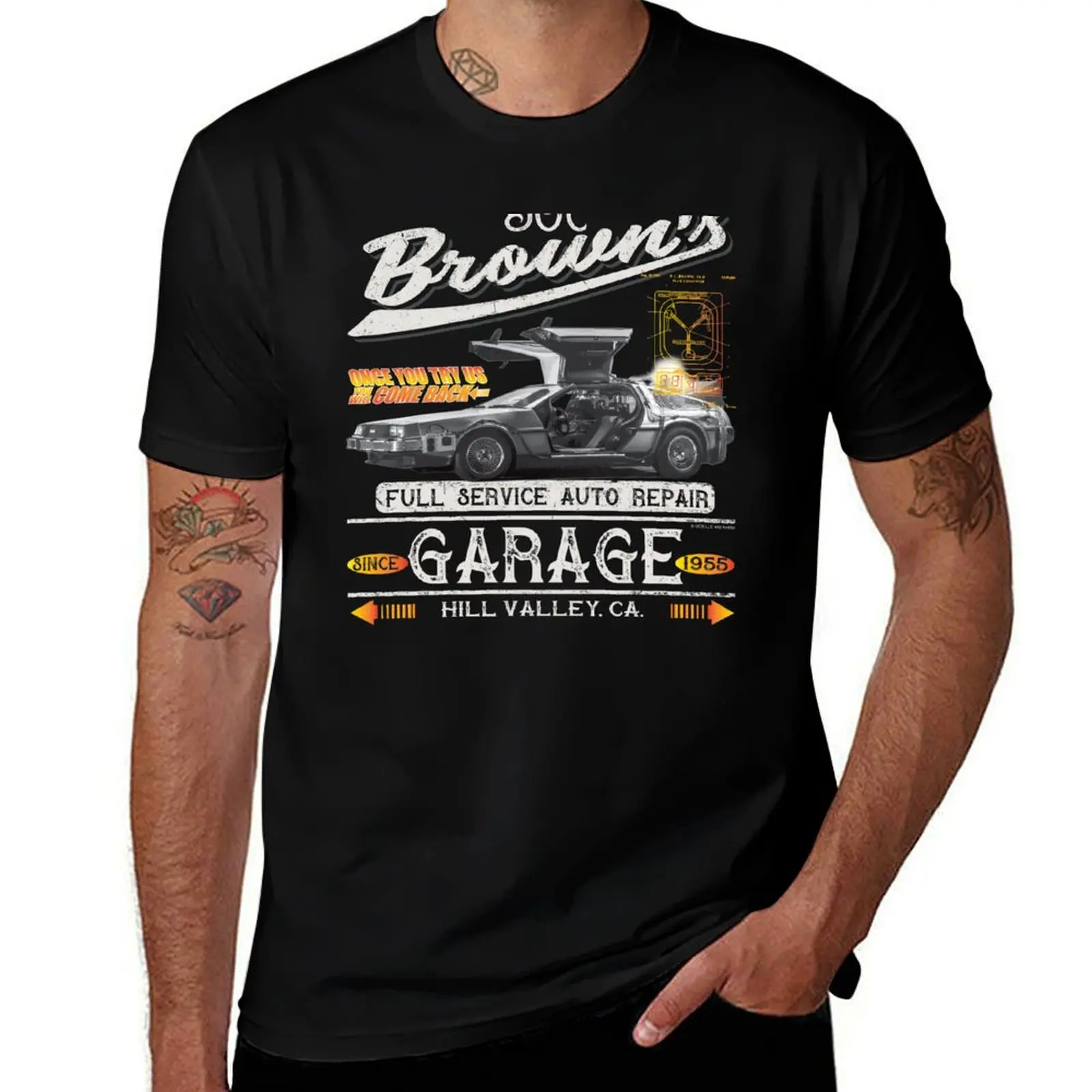 Doc Brown's Auto Repair Garage DeLorean Car (? UCS LLC and Amblin) T-Shirt Large Size Short Sleeve T-Shirt