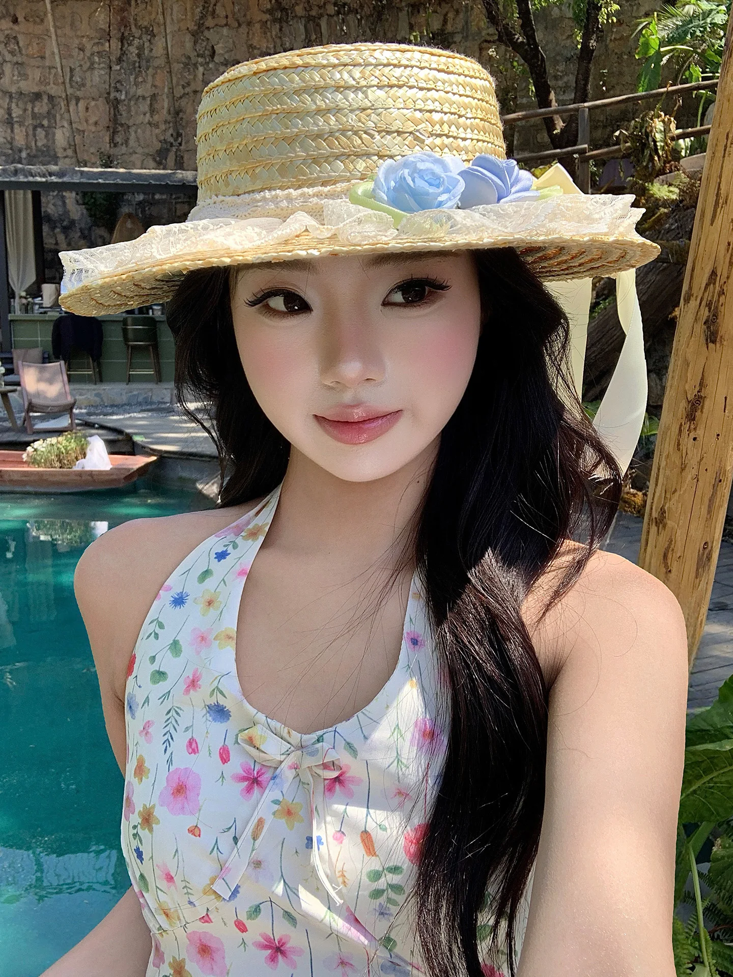 Summer  Lace Flower Flat Top Straw Hat Women's Beach Vacation Style Sun Protection Hat Grass Woven Gift Hat