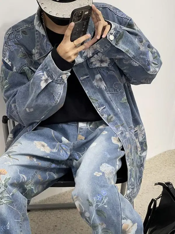

Модный винтажный комплект из джинсовой куртки и брюк с цветочным принтом свободного кроя для мужчин, осенняя коллекция, удобные длинные брюки
