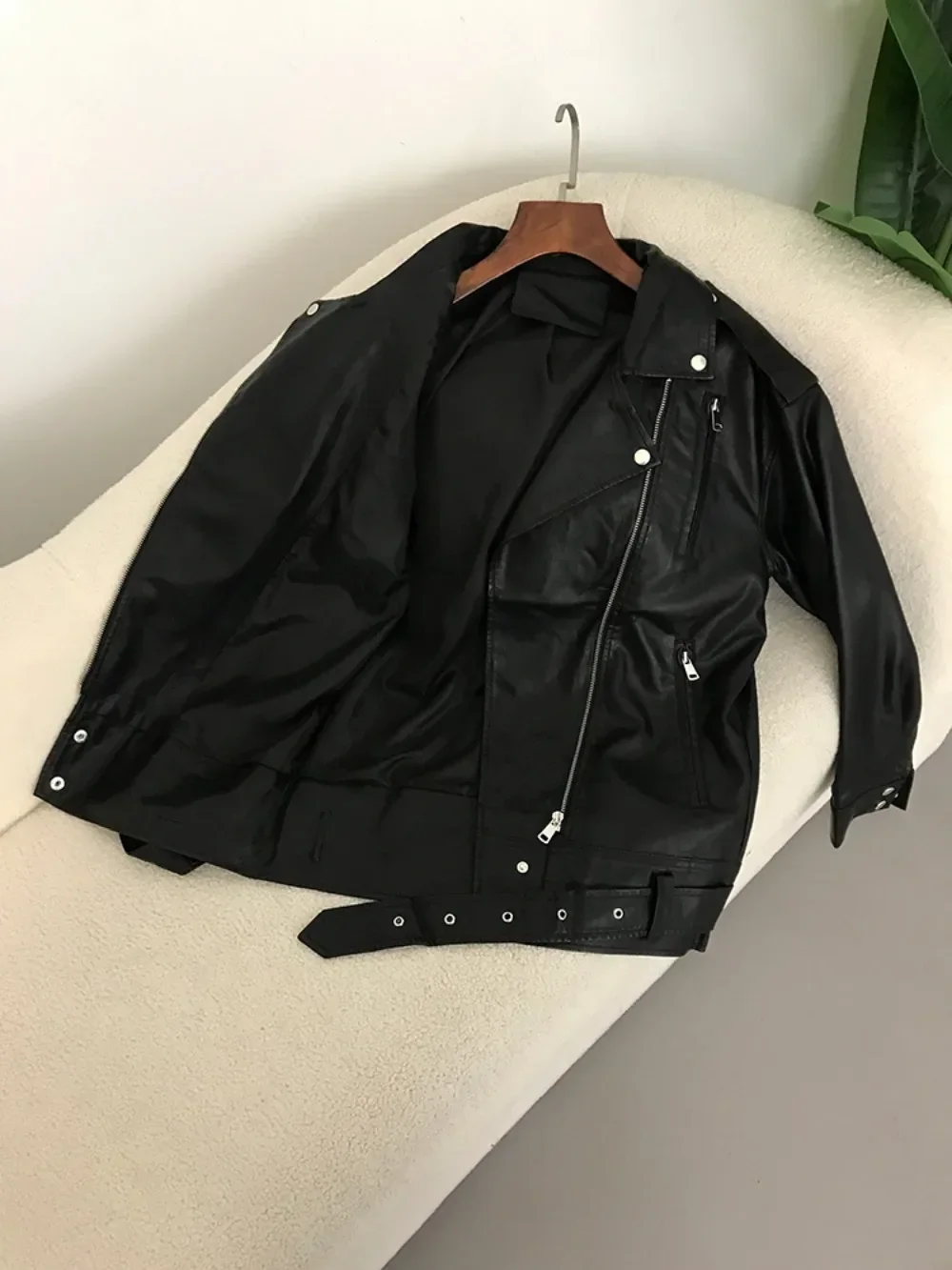 PU Leather Coat Motorcycle Faux Leather Jackets Fashion Black Women with Belt Oversize Korean Loose Causal Outerwear