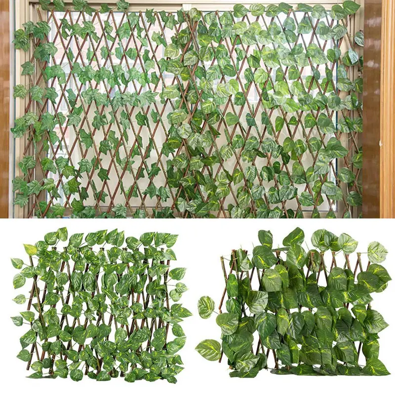 Artificial Garden Fence Retractable Expandable Wooden Fake Ivy Privacy Fence Vines Plant Home Garden Yard Terrace Decorations