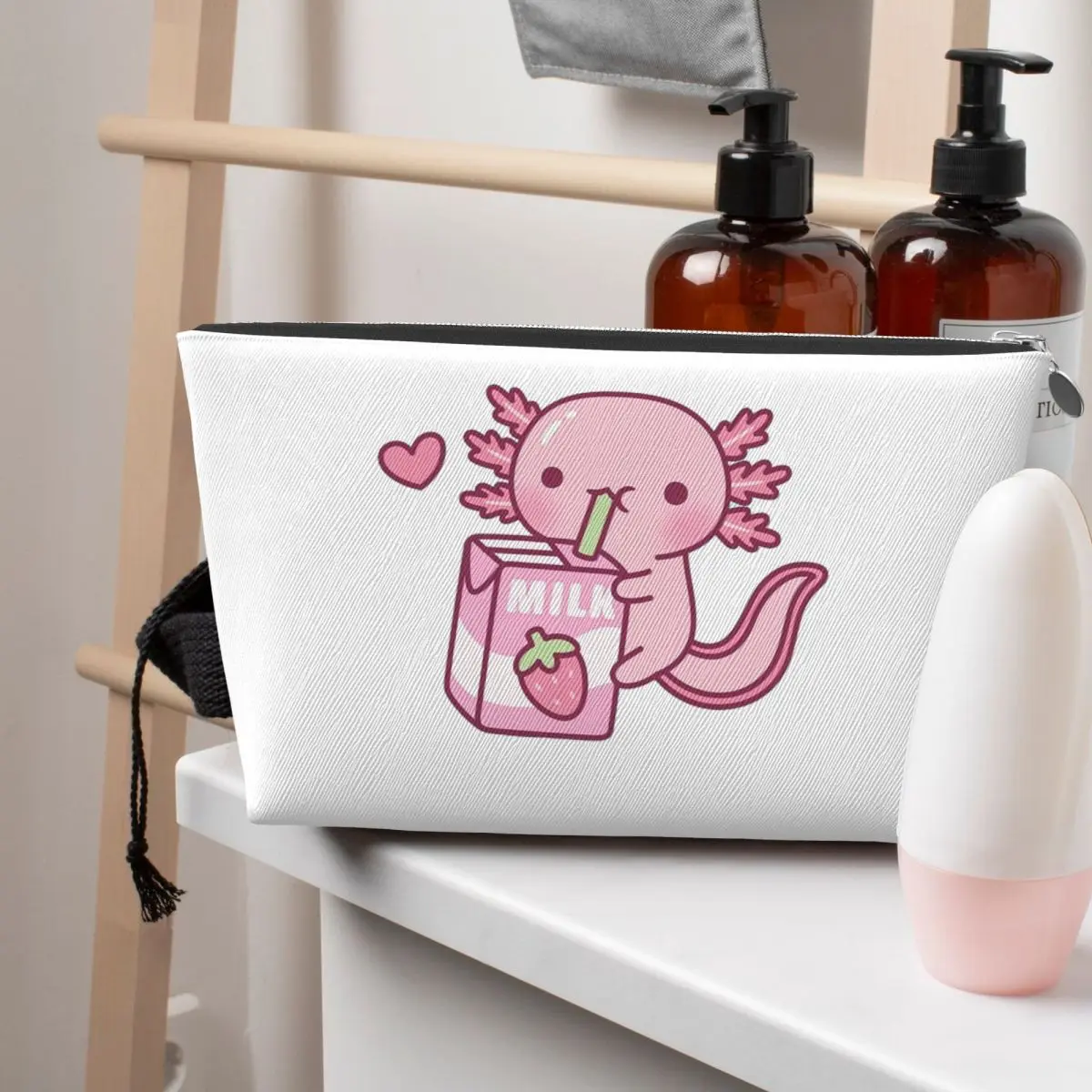 

Cute Axolotl Loves Strawberry Milk Doodle Women Cosmetic Bags Travel Makeup Organizer Pouch Toiletry Storage Dopp Kit Case