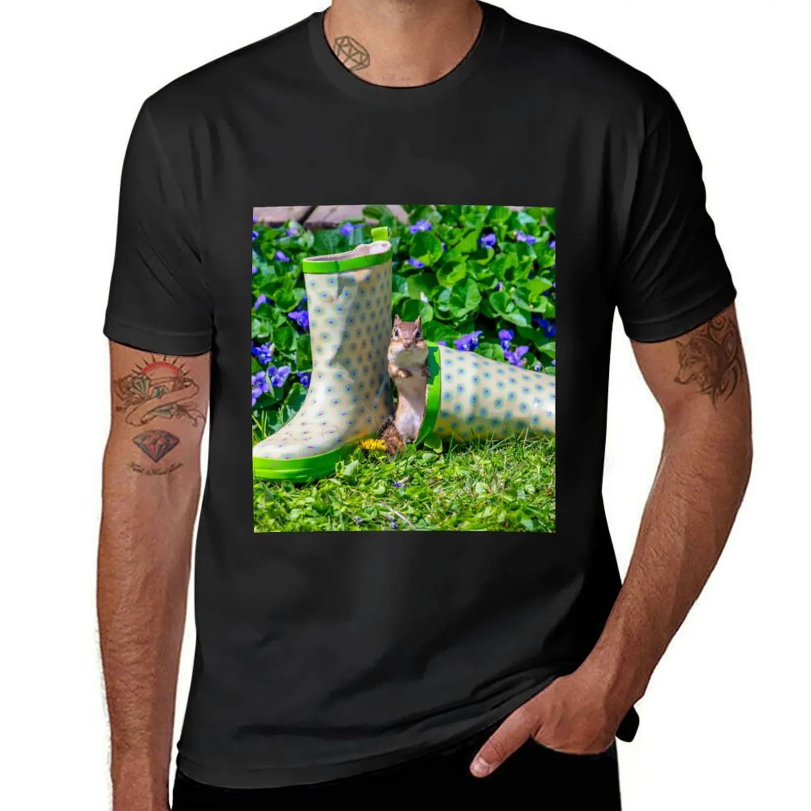 Chipmunk and rain boots in spring T-shirt graphics customizeds for a boy T-shirts for men cotton