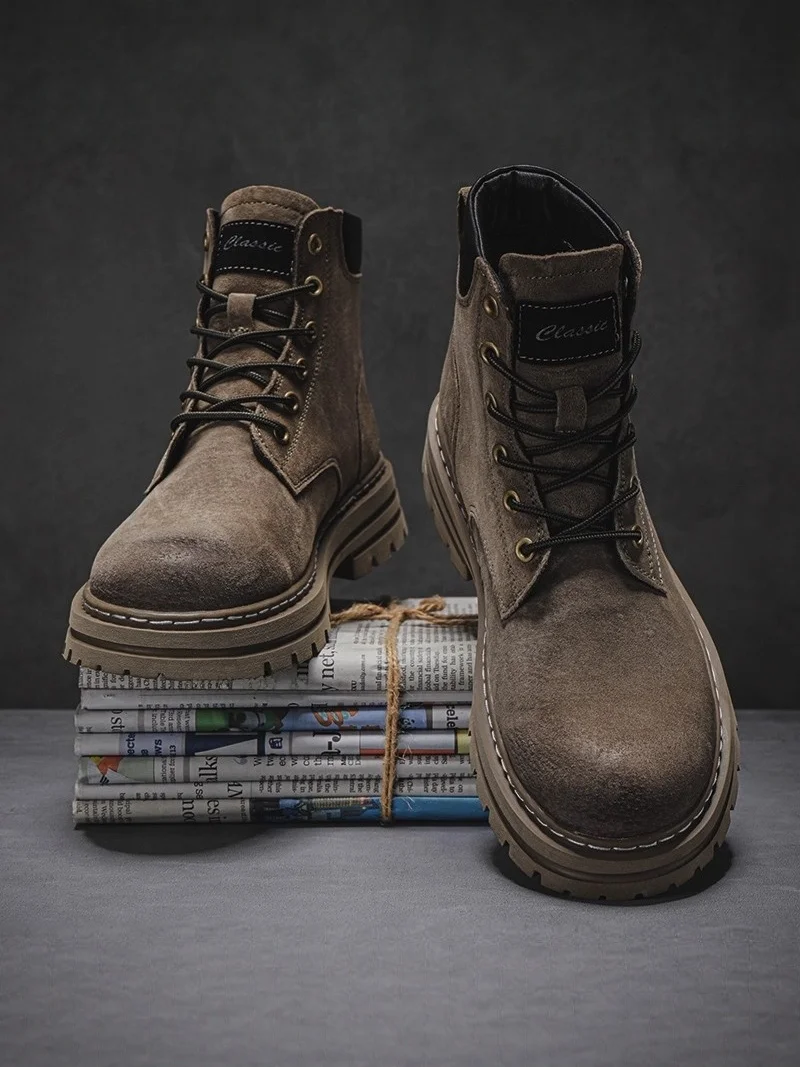 Men's  Boots High Top Winter Outdoor Climbing Shoes Leather Surface Retro Heightening Casual PU Lined round Toe Boots