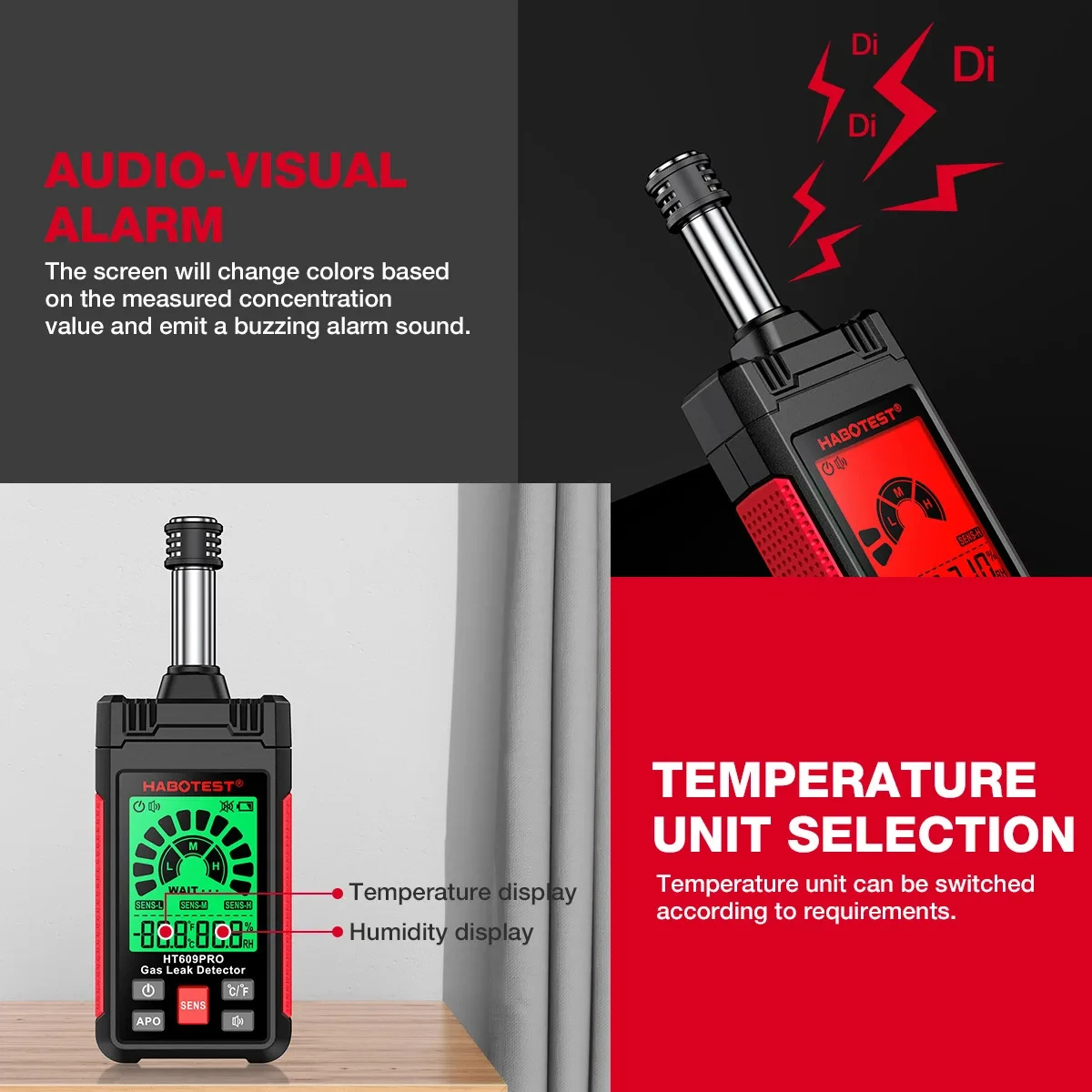 HT609/HT609PRO Portable Gas Leak Detector Handheld Combustible Flammable Natural Gas Tester with Visible Audible Alarm Monitor