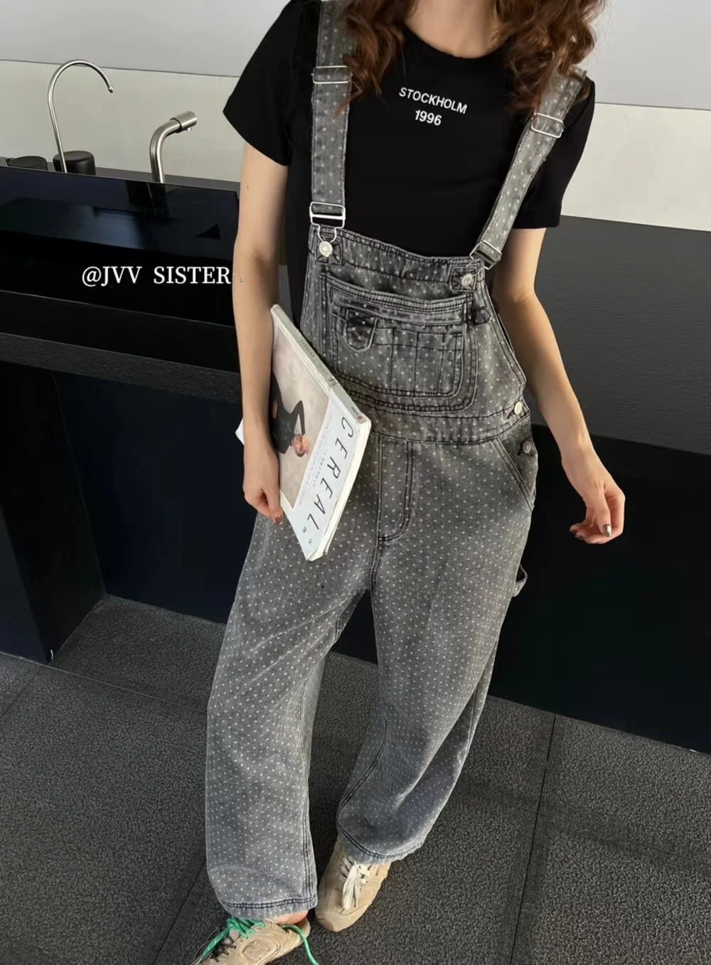 

JVVSISTER Faionable Polka Dot Denim Overalls Women's Loose Wide Leg Jeans Casual Floor Length Summer Pants