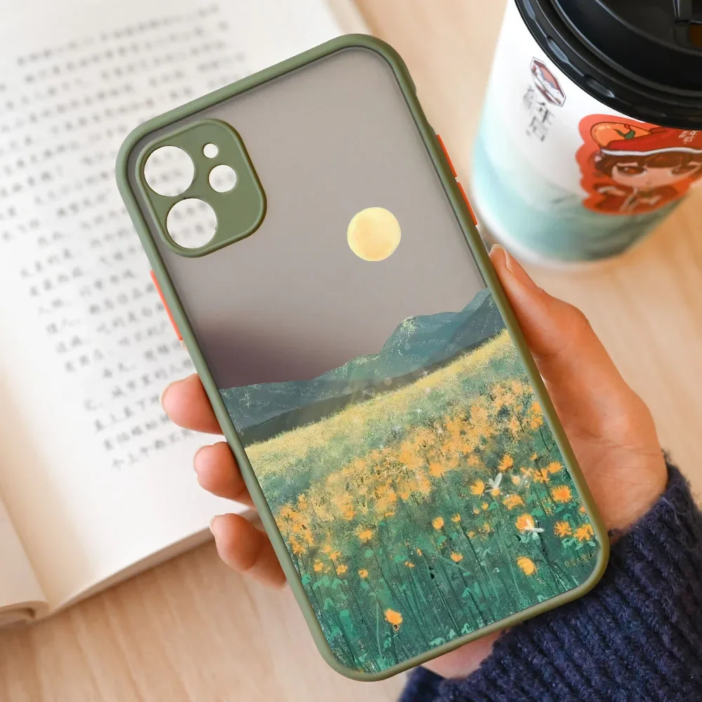 Cartoon Landscape Phone Case For iPhone 16 13 15 11 12 14 Pro Max 13Mini 15 Plus SE X XR Matte Clear Scenery Covers Fundas Skin