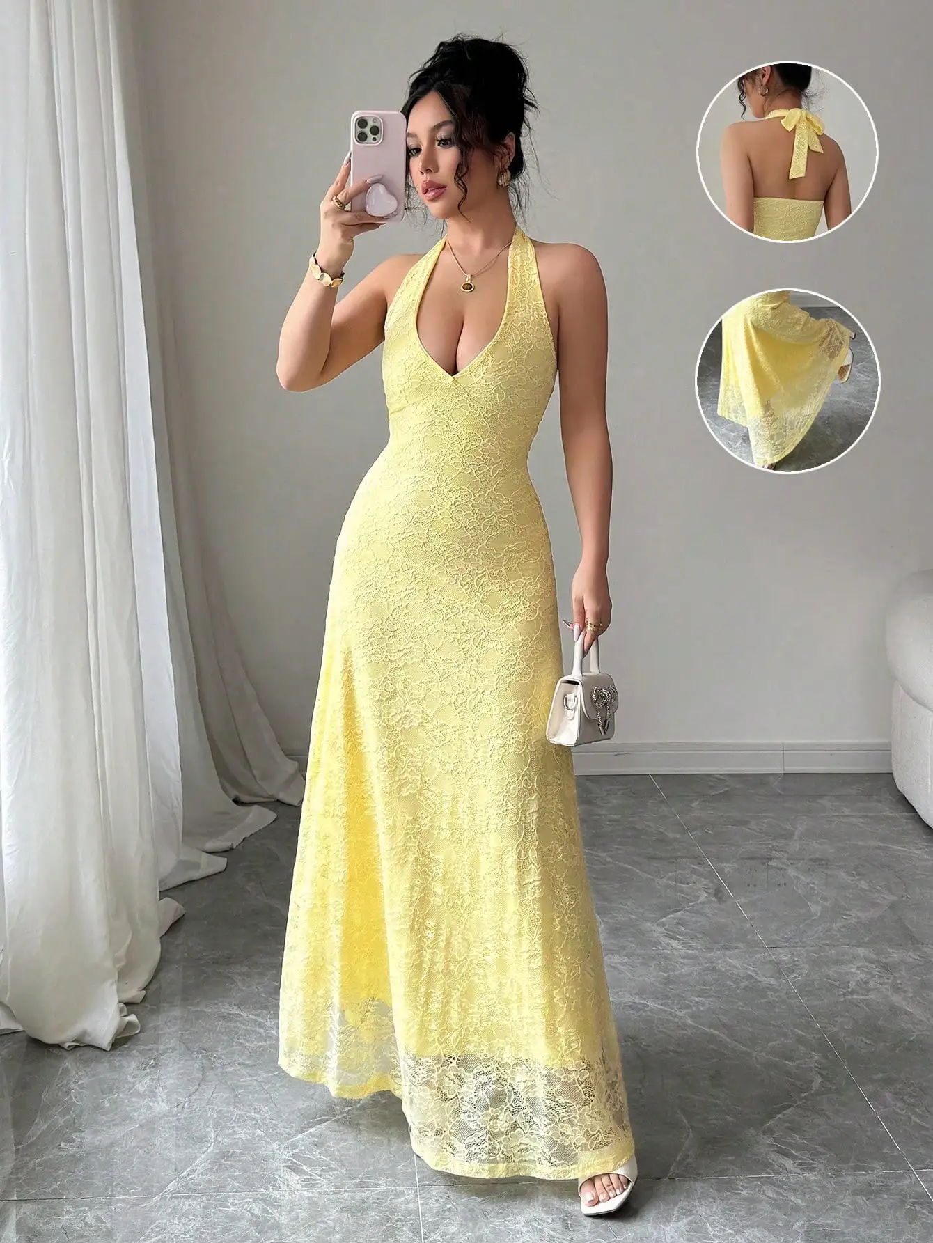 

Light Yellow Lace Halter Neck Maxi Dress with V-Neck and Back Tie