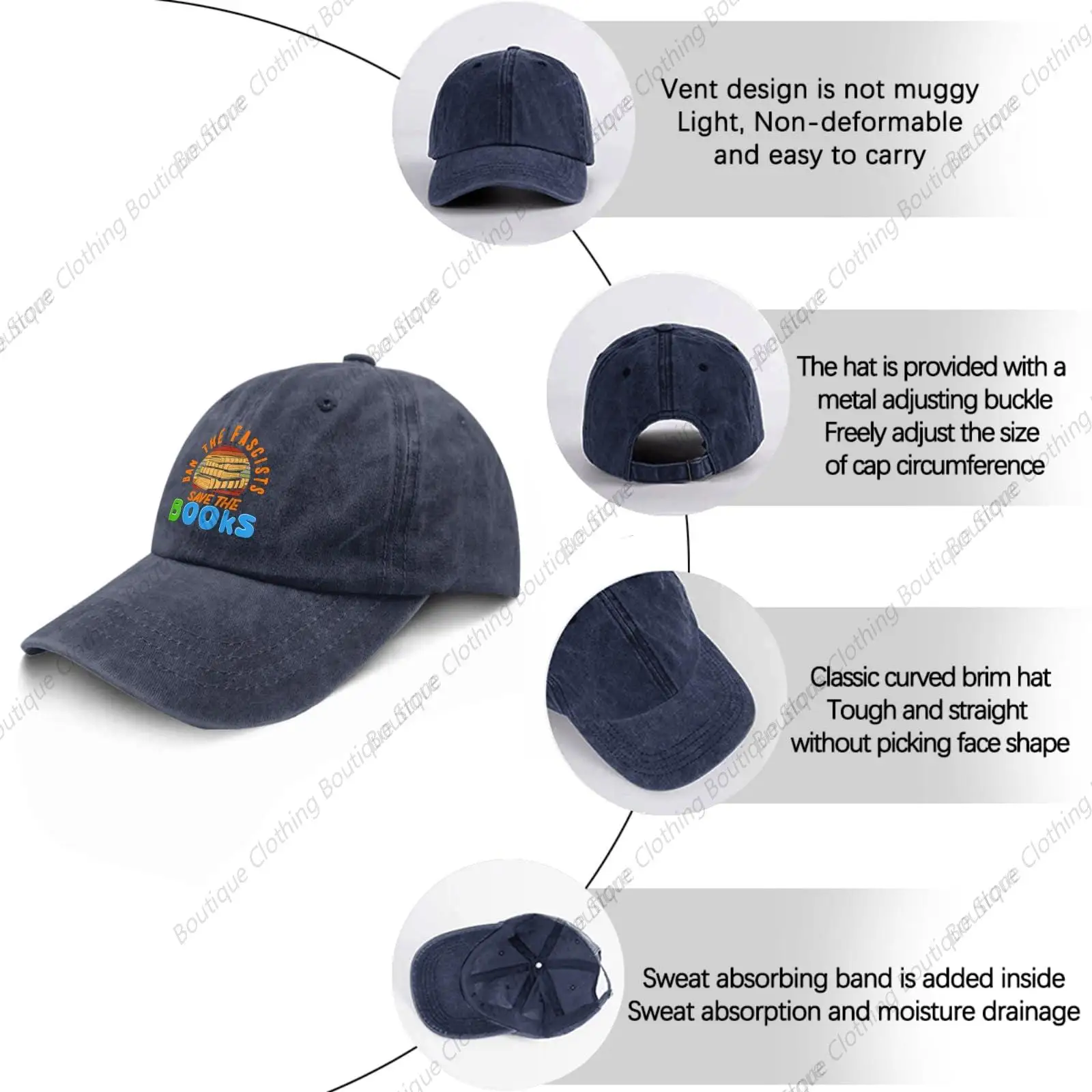 Funny Hats for Men Book Lover Golf Caps for Women's Cool Hats Quick Dry Ponytail Baseball Hat Navy Blue