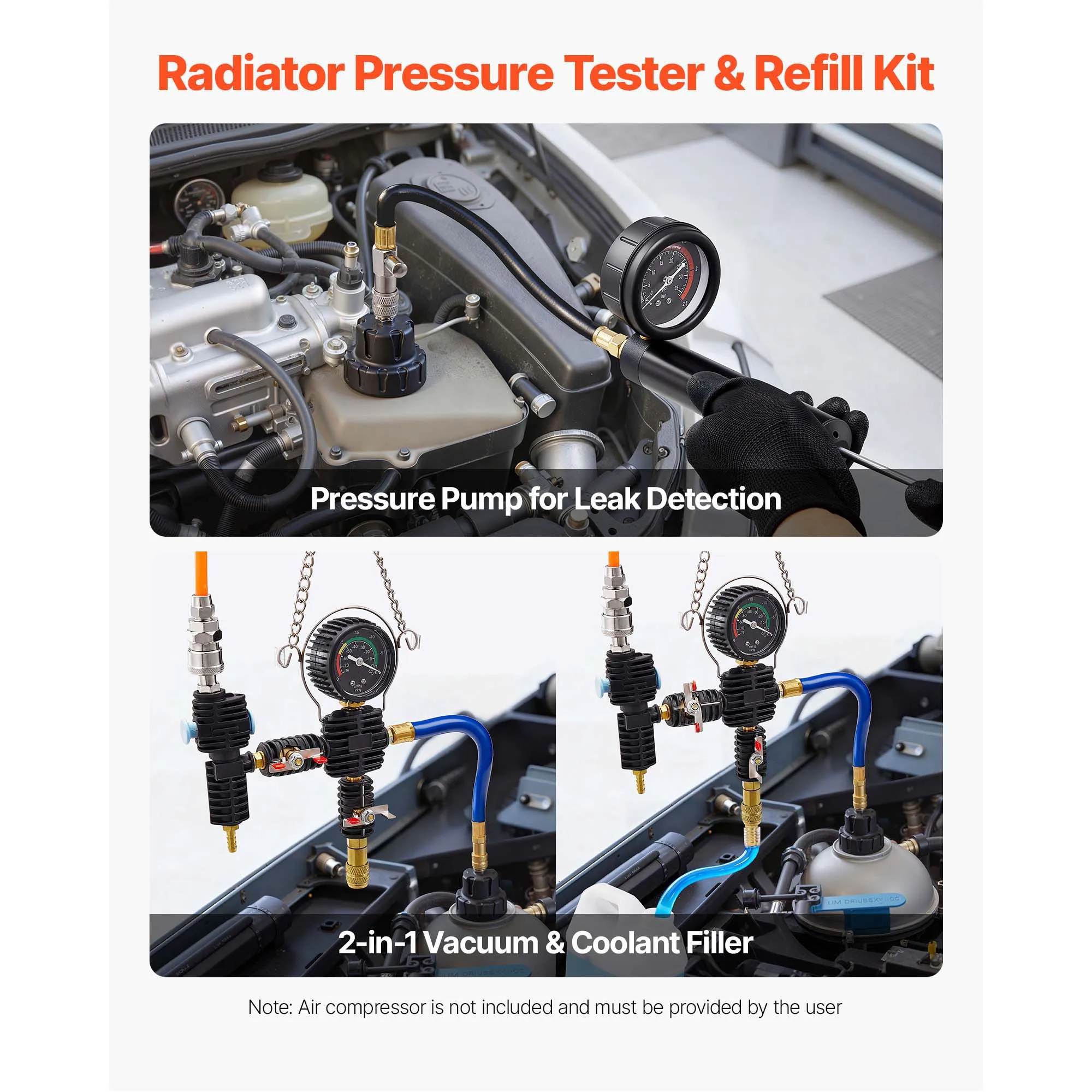Coolant Pressure Tester Kit, 31Pcs Radiator Vacuum Refill Kit with 3 Metal Adapters, Universal Fit, Automotive Cooling System Pressure Tester Tool, Featuring Pressures Pump & Plastic Filler