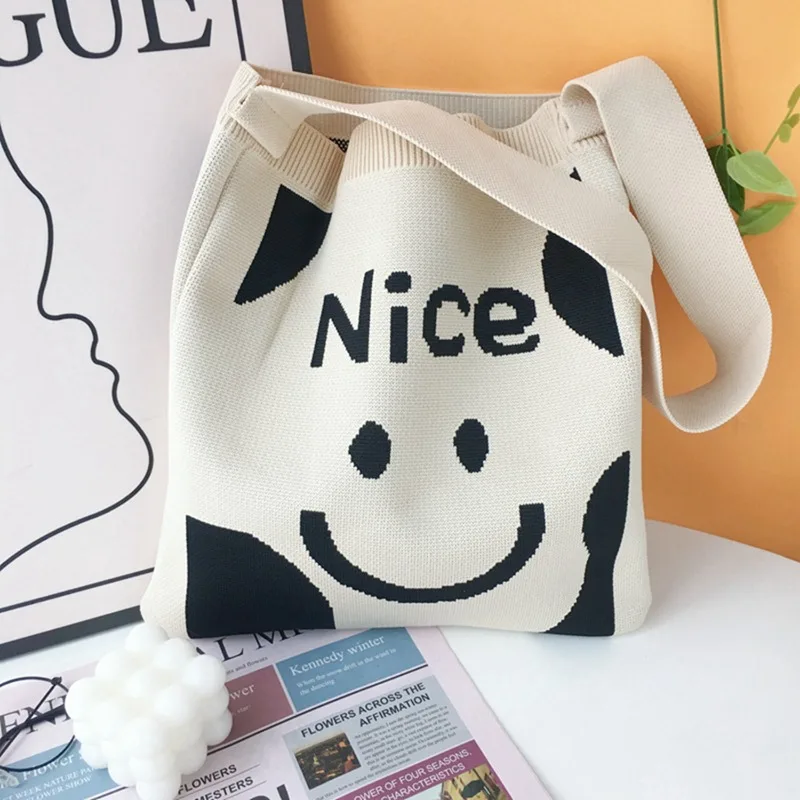 New Colorful Knitted Shoulder Handbags Colorful Bag  Design Smiling Face Stripe Shopping Student Bag