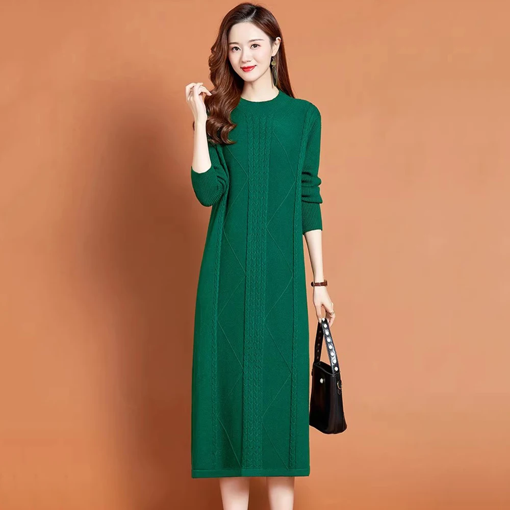 New Women Autumn Winter Sweater Dress Fashion O-Neck Long Sleeve A-straight Long Sweater Casual Loose Knitted Pullover Dress