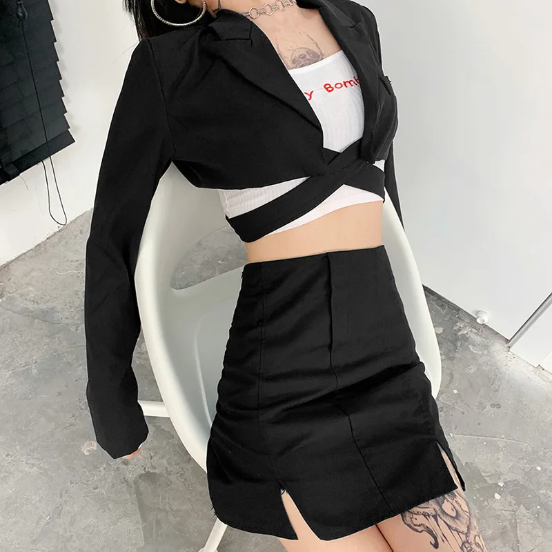 Nibber Hong Kong Flavor Cool Girl Dark Funeral High Waist Cross Tie Long Sleeve Suit Women All-Match Fashion Silm Short Jacket