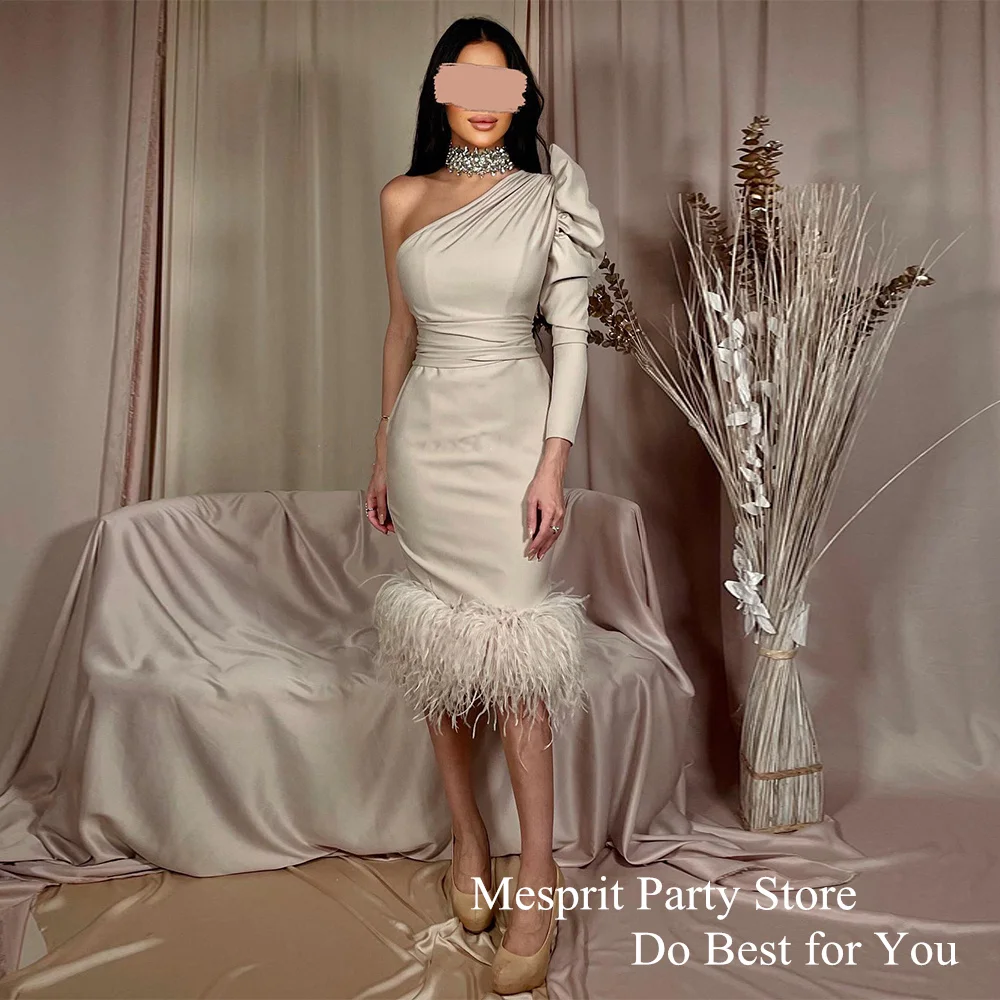 Feathers Cocktail Dress One Shoulder Long Sleeve Knee Length Mermaid Holiday Party Gown High Quality Short Evening Dress Saudi