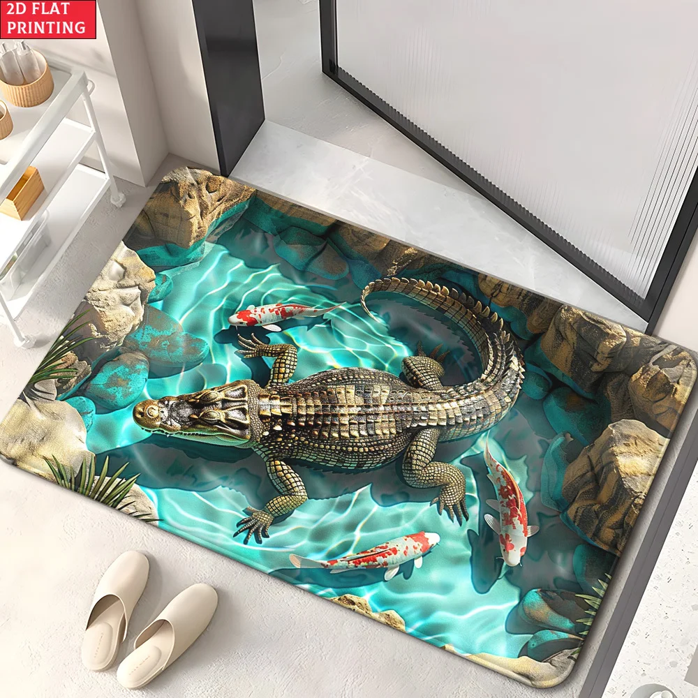 3D Crocodile Pond Doormat 1pc Realistic Water Scene with Koi Fish & Rocks, Nature-Themed Floor Mat for Living Room and Bedroom