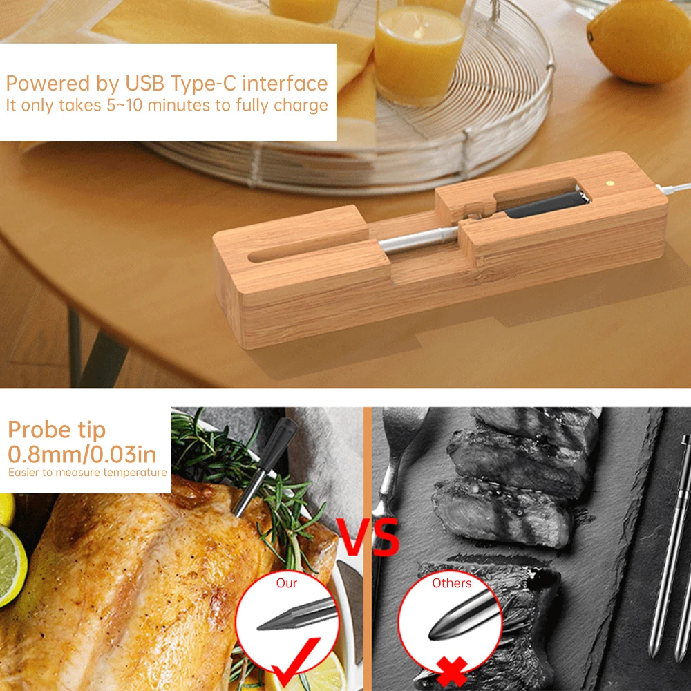 고기 블루투스 무선 온도계, 오븐 그릴용 USB 충전 케이블 포함, 스마트 식품 온도계, 165ft