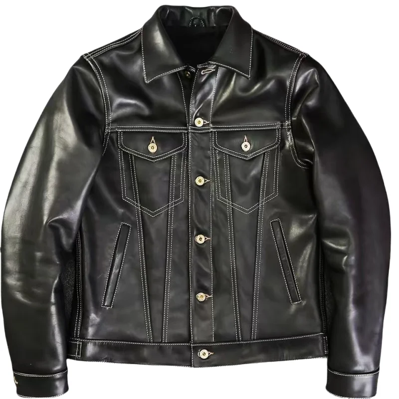 Black Autumn Leather Jacket Men Denim Style Plus Size 4XL Genuine Natural Cowhide Single Breasted Slim Fit Leather Coat