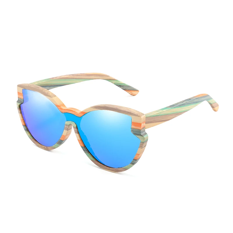 Fashion Cat Eye Bamboo Sunglasses for Women Rainbow Color Frame Oversize Wood Sunglasses UV400 Polarized Lens