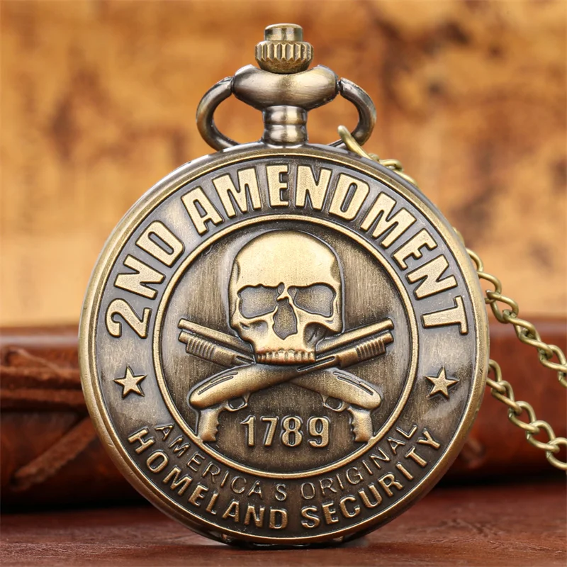 

Vintage Style Skull Head 2nd Amendment HOMELAND SECURITY Unisex Quartz Movement Pocket Watch Sweater Chain Collectable Timepiece
