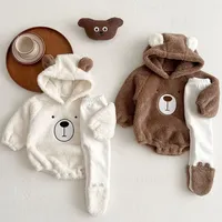 Baby Clothing Autumn Winter Cute Hooded Cartoon Bear Baby Crawling Clothes Pajamas Warm Double-sided Plush Jumpsuit Trousers Set