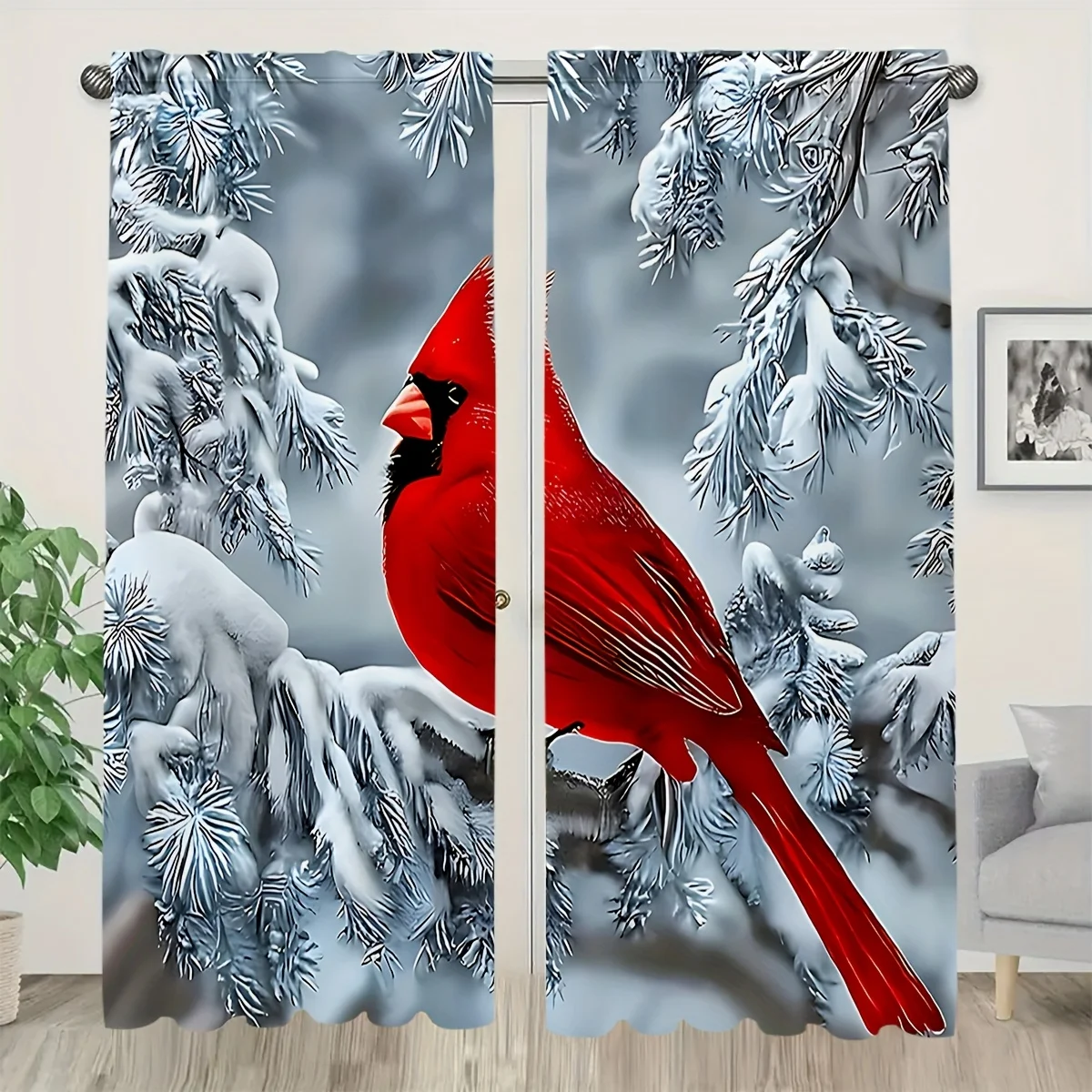 2pc Cardinal Print Door Curtains – Light-Reducing Rod Pocket Panels for Bedroom, Living Room, Kitchen & Office, Christmas Decor