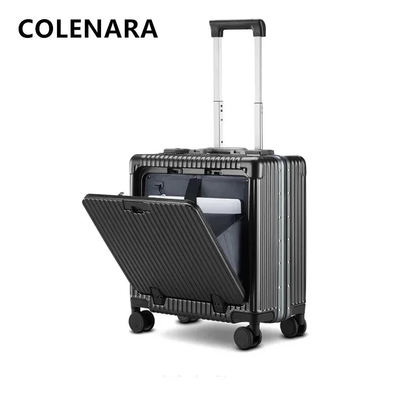 COLENARA Carry-on Luggage 18 Inch Small Boarding Box PC Aluminum Frame Trolley Case Multi-function USB Charging Suitcase