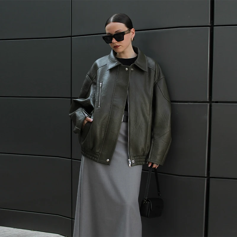 Giacca corta vintage in ecopelle verde da donna casual con risvolto maniche lunghe tasche con cerniera cappotto allentato 2025 capispalla giornalieri autunnali