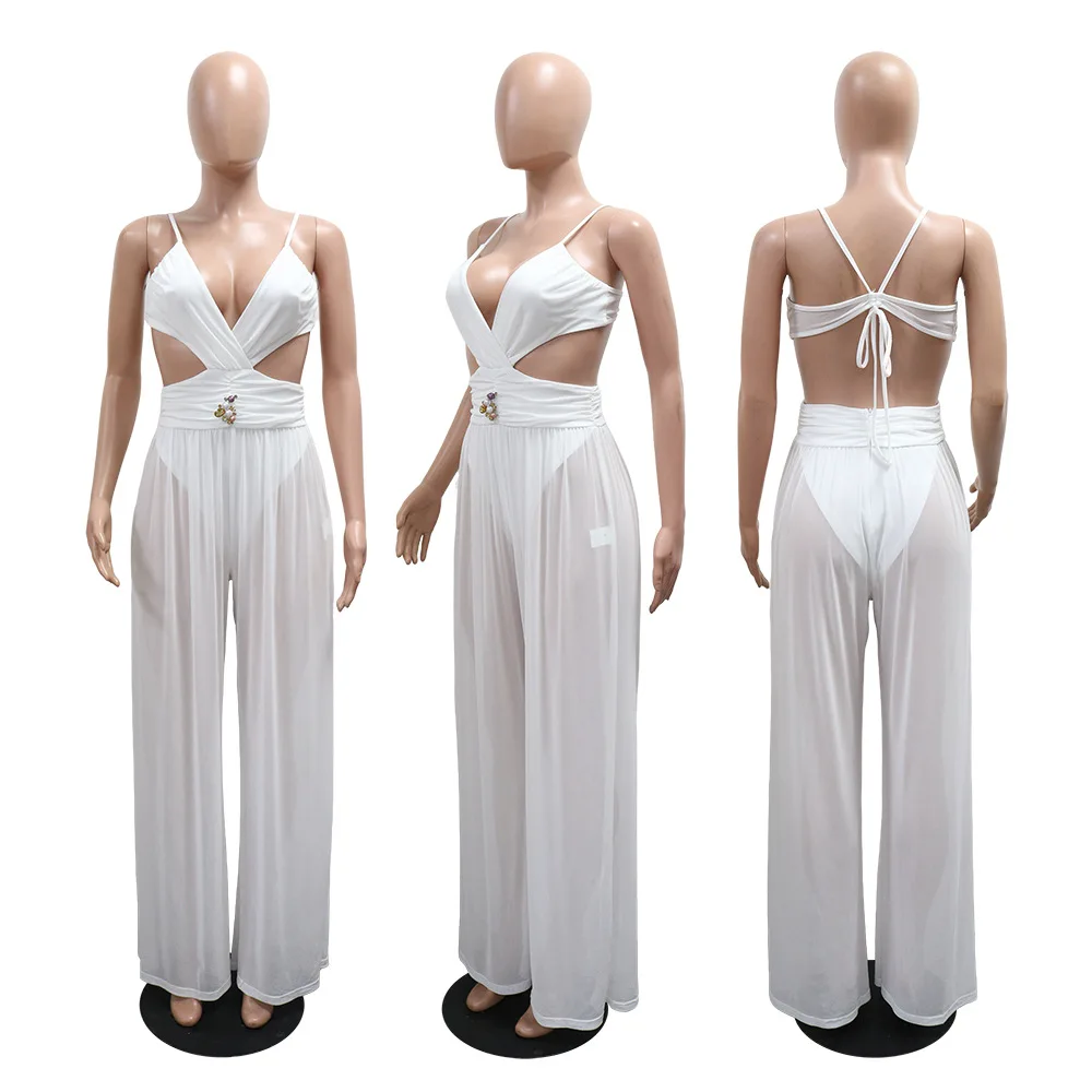 

Summer New Sexy Hollow Out Bodycon Jumpsuits Women Spaghetti Strap Deep V Backless Rompers Female Streetwear Overalls