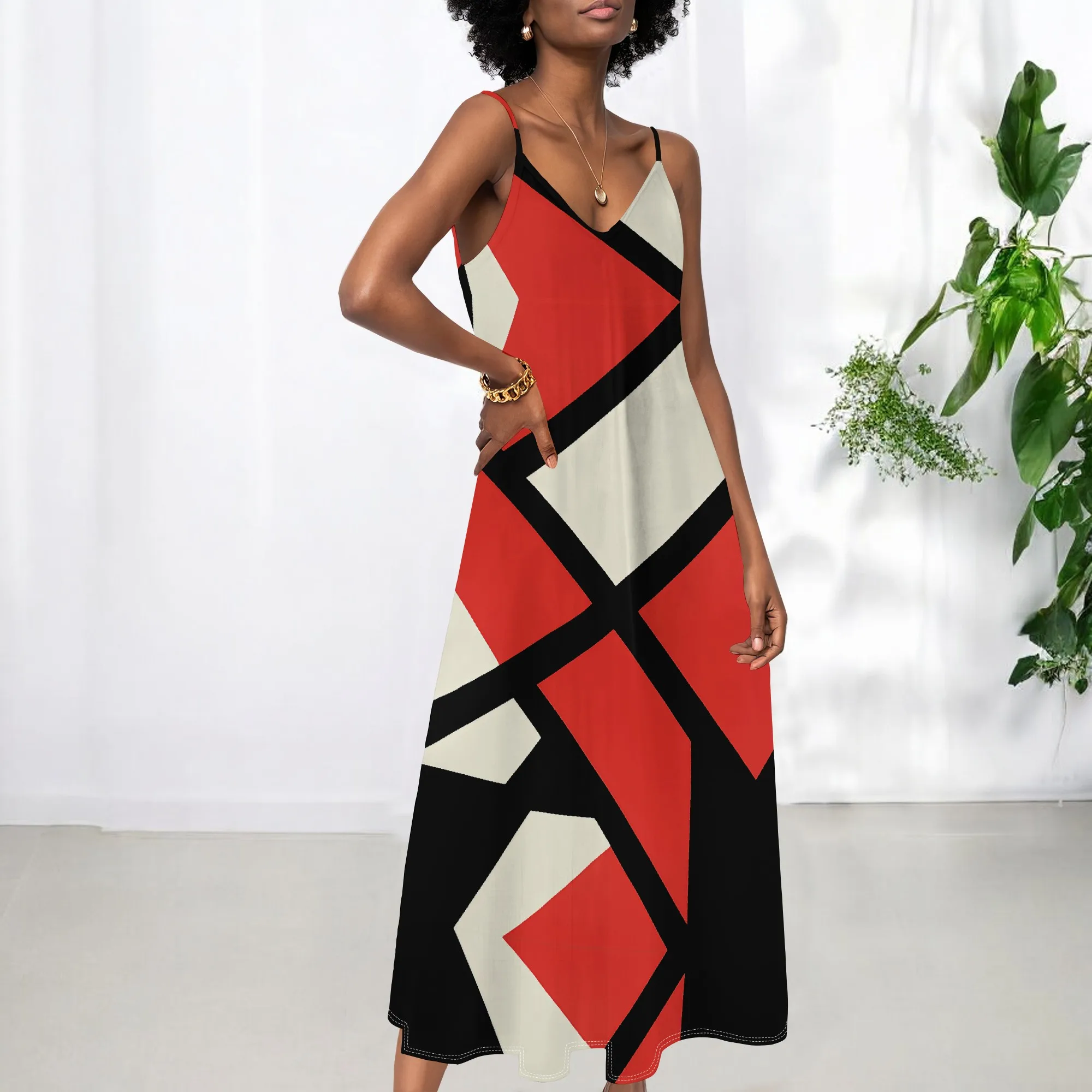 

Geometric Colorblock Maxi Dress S-3XL Spaghetti Strap Modern Art Style for Summer Street Look, Art Show or Urban Fashion Event